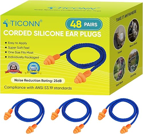 Miniatura 9 de TICONN 48 pares de tapones de silicona reutilizables para los oídos para dormir con cancelación de ruido, tapones para los oídos con cable NRR de 25