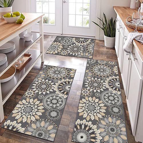 Bsmathom Juego de Alfombras de Cocina Boho 3 Piezas, Alfombra de Cocina Antideslizante de Estilo Granja, Alfombras de Cocina Lavables y