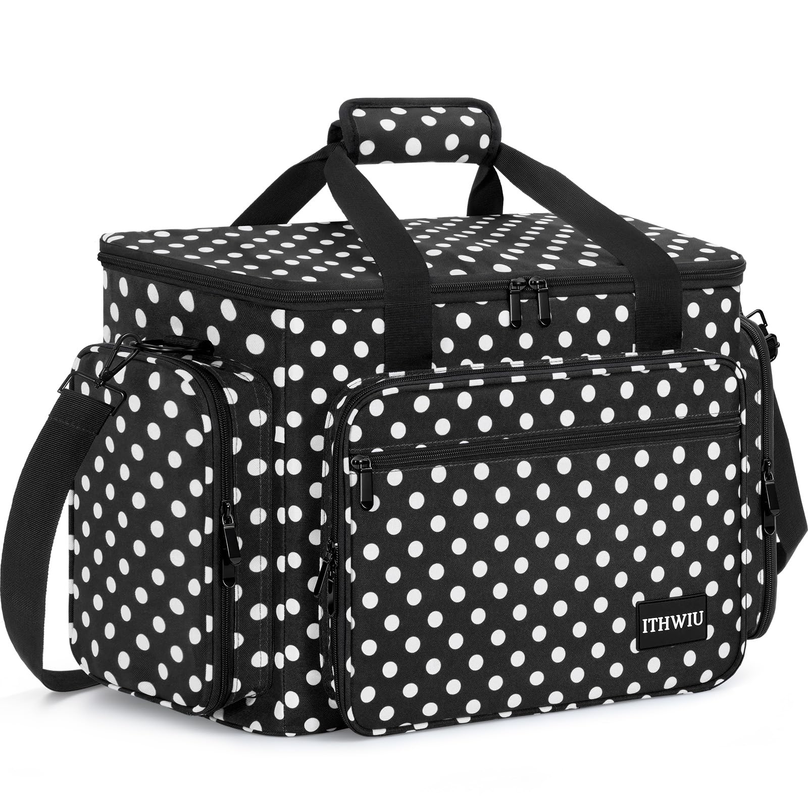 Sewing Machine Carrying Case with Multiple Storage Pockets Large Capacity, Universal Tote Storage Bag Compatible with Most Standard Singer, Brother, Janome, Black Dots