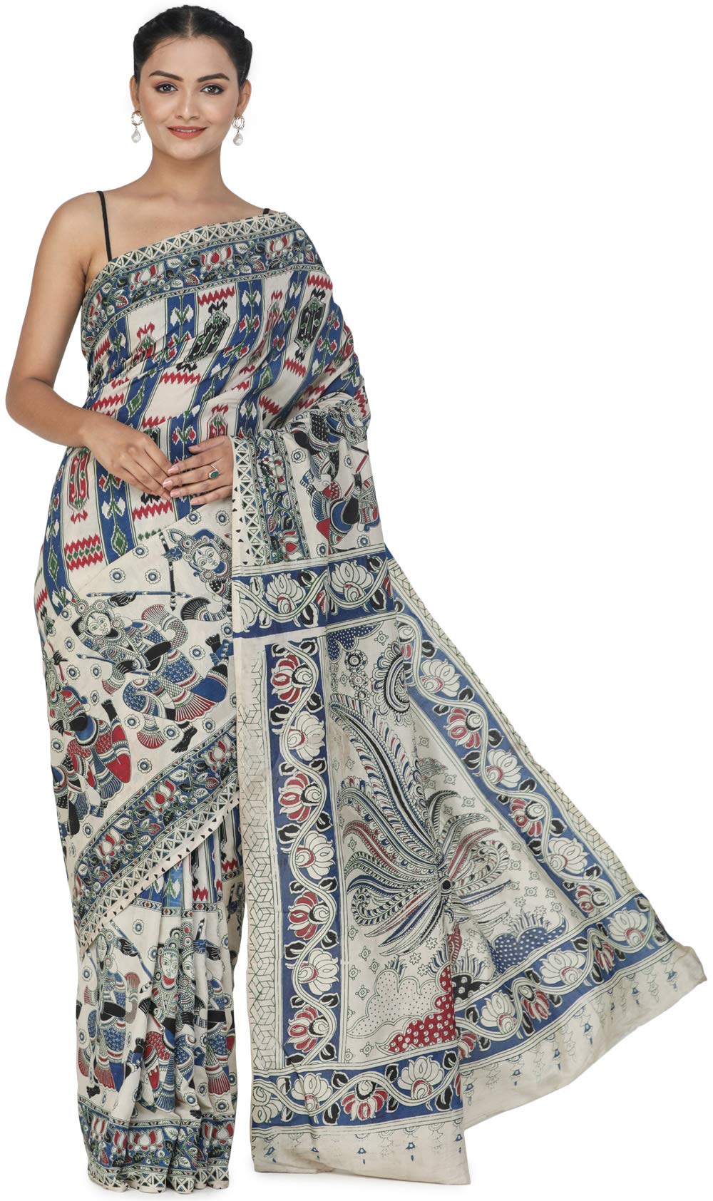 Exotic India Almond-Cream Kalamkari Sari from Telangana with Printed Folk - Gray