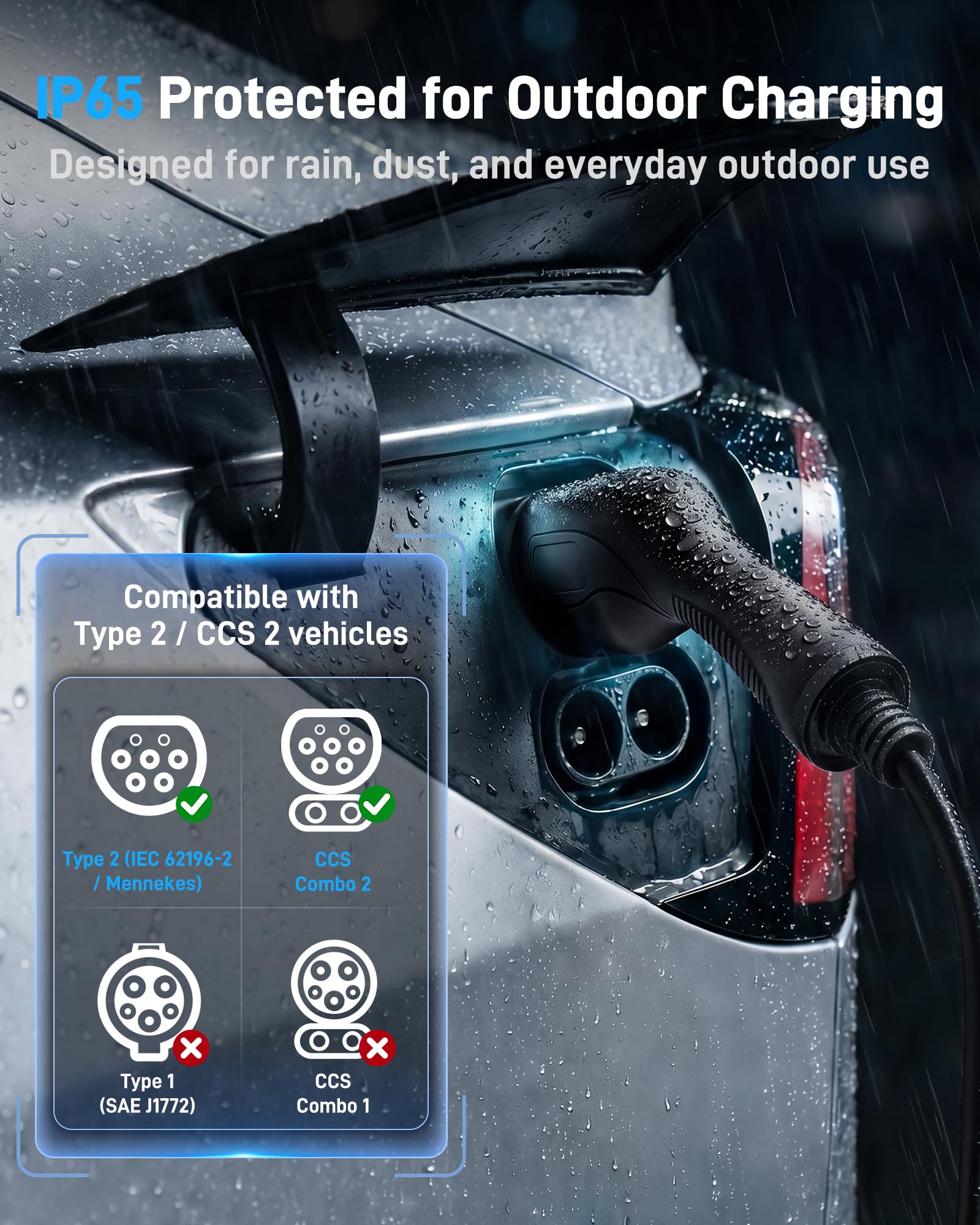 Cargador Coche Eléctrico 11 kW, 16 A, 5 m | CEE Rojo 5P a Tipo 2 | Trifásico | IP67 | 6–16 A | Timer + inicio diferido | LCD 2,4" | RCD CA/CC | Cable Modo 2 / wallbox móvil | para VE y PHEV