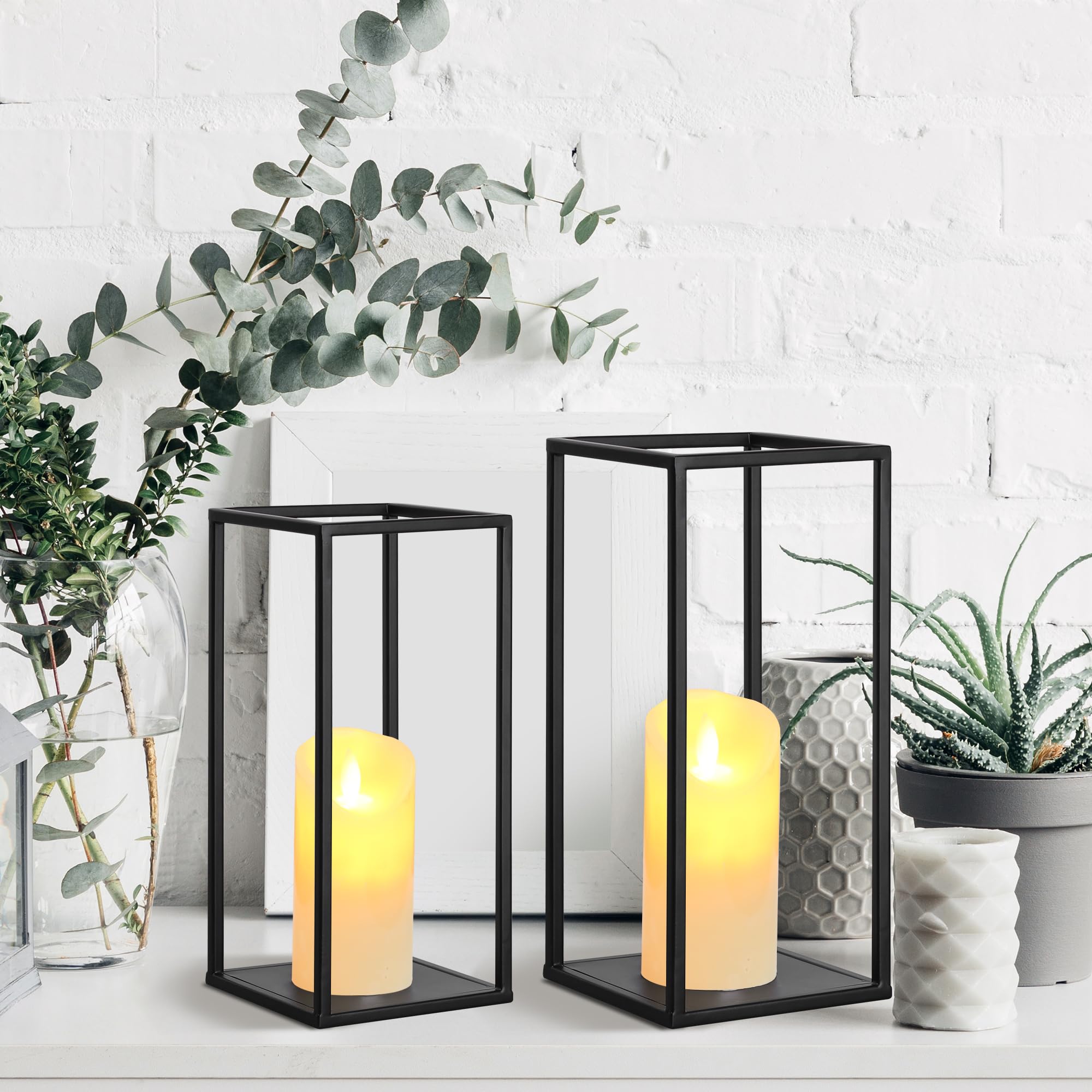 Eufrozy Modern Farmhouse Lantern Decor, Black Metal Candle Lanterns Decorative Indoor Set of 2, Rustic Candle Holder Decoration for Living Room/Home/Outdoor/Table/Fireplace/Mantle/Wedding/Porch