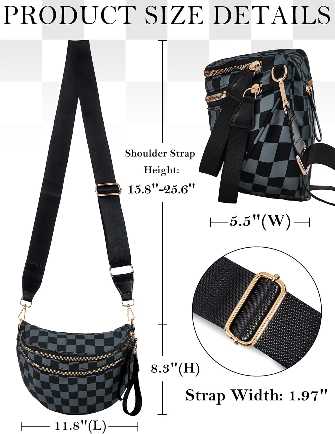Checkered Crossbody Bum Bags for Women, Spacious Water-Resistant Nylon Shoulder Belt Bag Checkered Purse