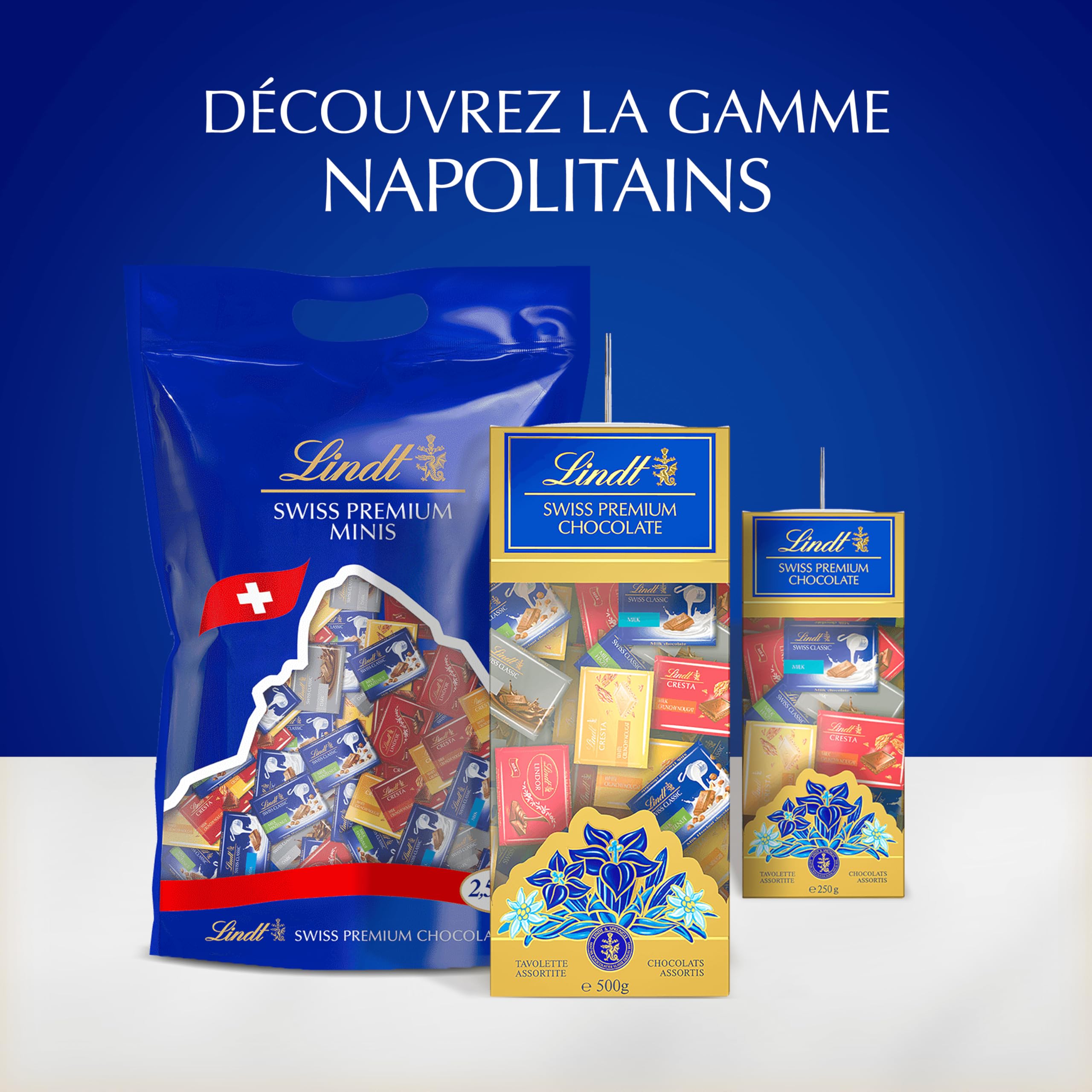 Lindt - Maxi Sachet Napolitains SWISS PREMIUM CHOCOLATE - Assortiment de Minis Chocolats au Lait, Lait-Noisette, Lait et éclats de Nougat, Blanc et éclats de Nougat, Noir et Lindor Lait, 2,5kg