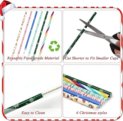 Miniatura 4 de 40 popotes de Navidad, sin BPA, 9 pulgadas, con impresión de plástico duro de Navidad, reutilizables, para la familia o fiestas, suministros de