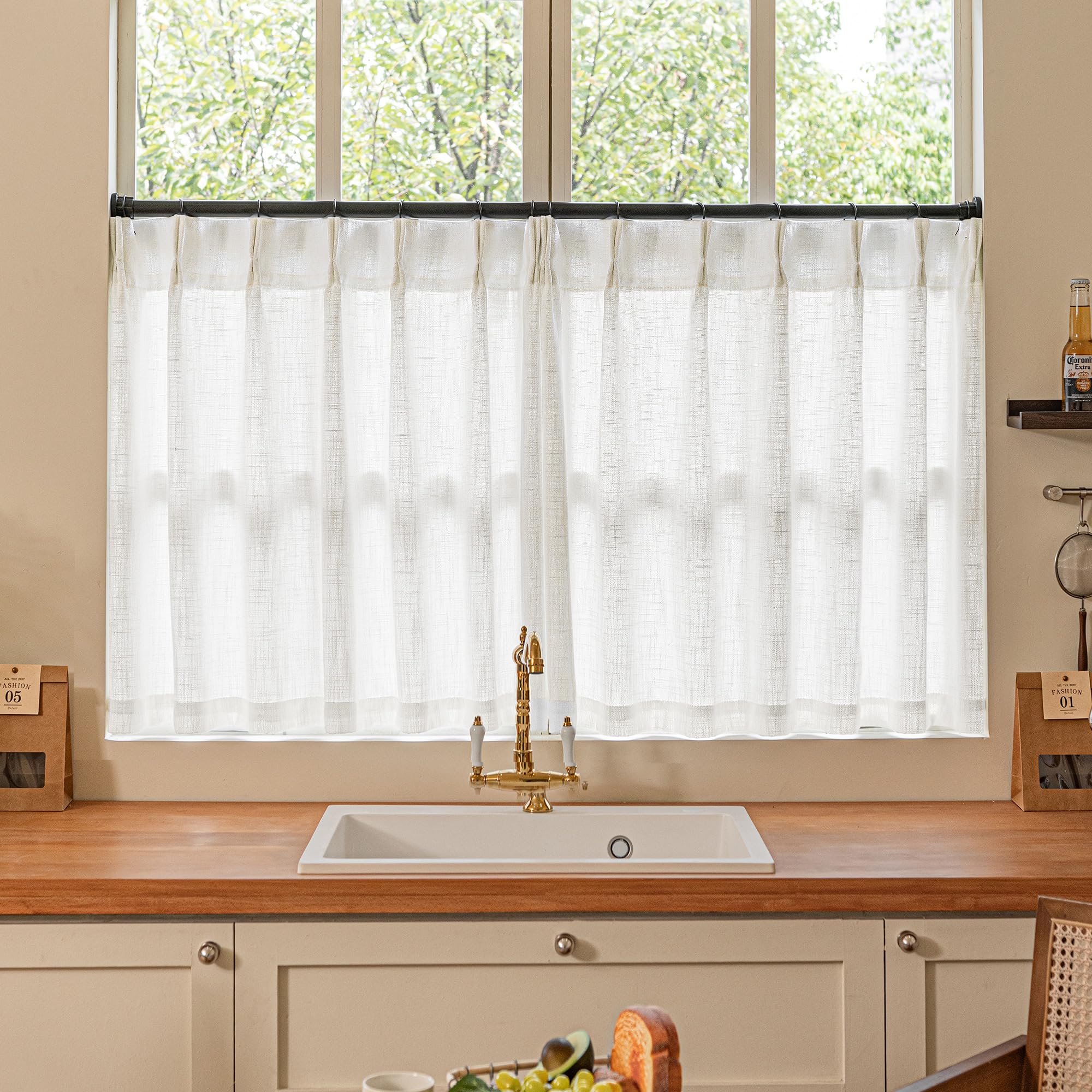TWODRAPES Beige White Linen Kitchen 24 Inch Curtain 2 Panels Pinch Pleat — image 1