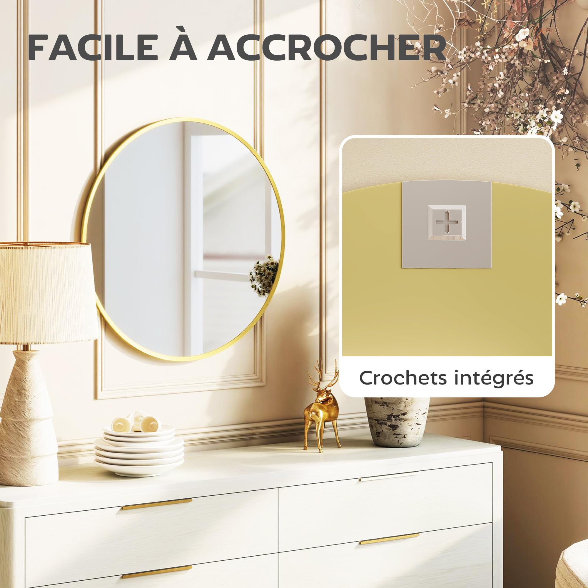 HOMCOM Espejo de Pared Redondo 61 cm baño Dorado