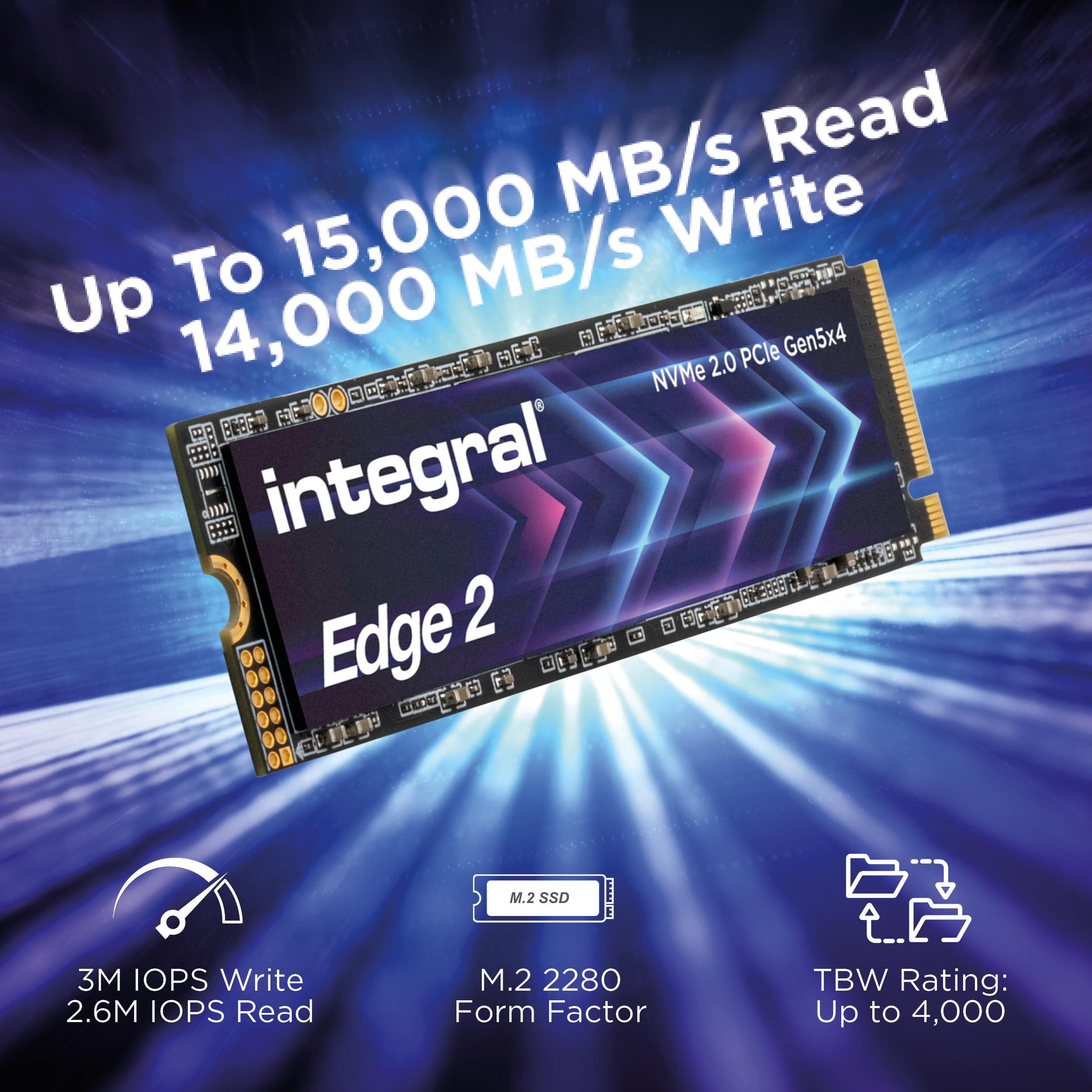 Integral Edge Gen 5 2TB PCIe 5.0 M.2 2280 NVMe SSD - 10.300 MB/s in lettura e scrittura 8.600 MB/s, 1,3 milioni di IOPS, gioco veloce, video 4K/8K, creazione AI e rendering 3D
