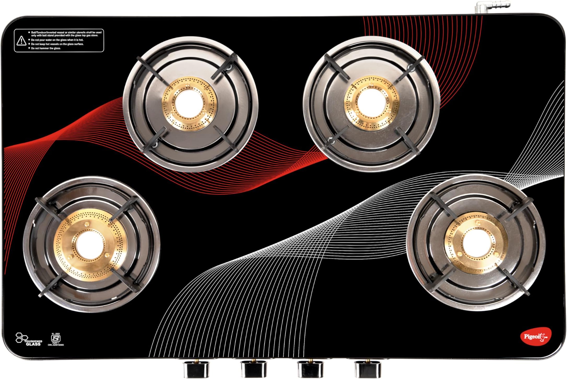 Pigeon Cosmic 4 Burner Glass Cooktop | SABAF Valves and Burners | 7 Year Warranty | Rust Proof Ultra - Slim Body | Toughened Glass | 92mm Super Jumbo Brass Burner | Manual Ignition