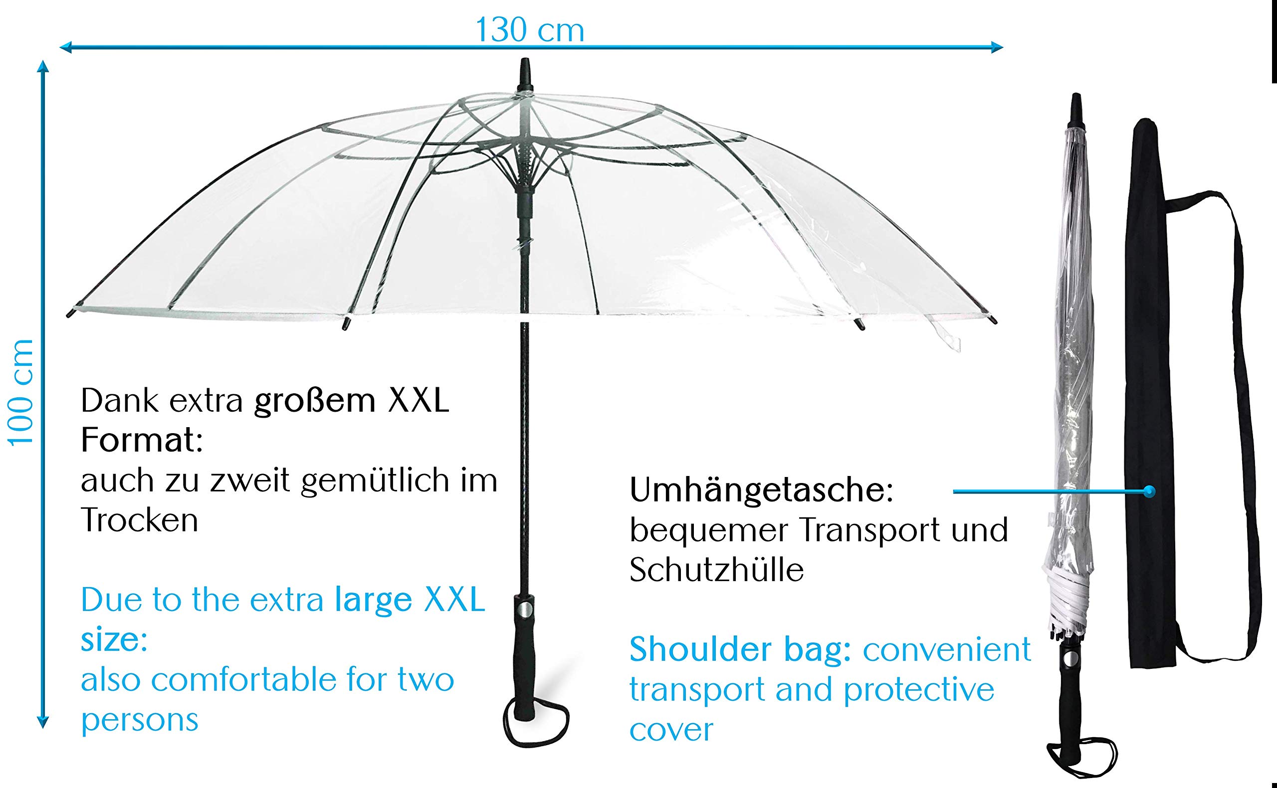 Parapluie Transparent XXL Ø130 cm Bouton Pression Confort Housse Transport Automatique - Hommes Femmes - Parfait Pour Deux Ou Mariage - Bordure Blanche