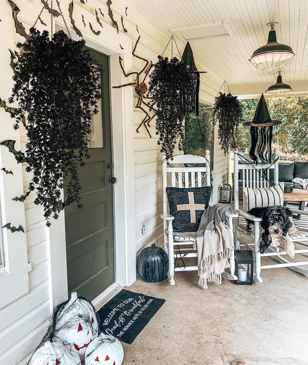 Black Fake Flowers,Hanging Fake Plants,Faux Boxwood Artificial Hanging Flowers Faux Plants Outdoor Black Greenery Spring Decoration for Indoor Outdoor Halloween Decoration