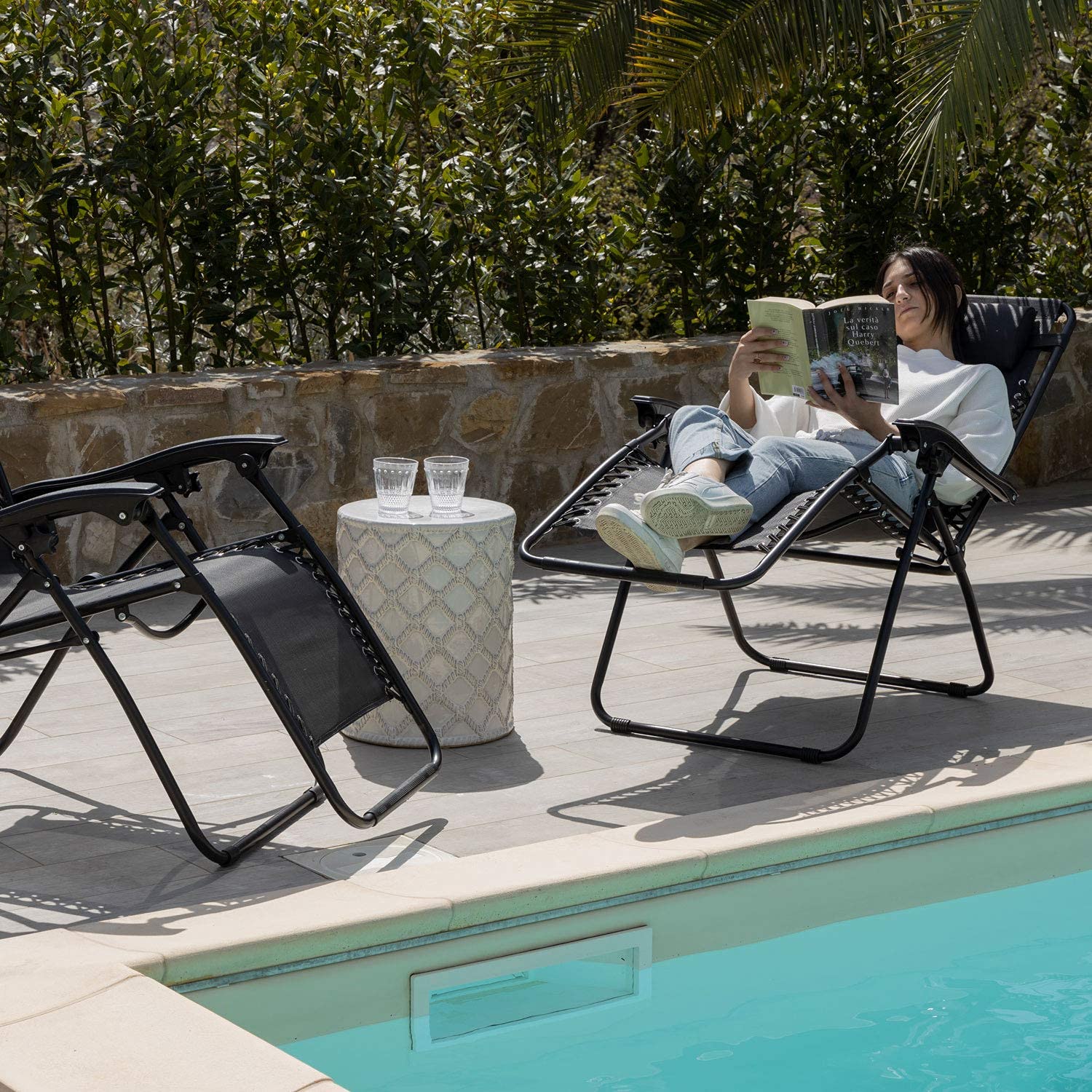 Baroni Home Sedia Sdraio Zero Gravity da Giardino, Chaise Longue Pieghevole da Esterno, Sdraio Salvaspazio per Piscina e Terrazzo, Poltrona Relax, 165x65x93 cm Nero