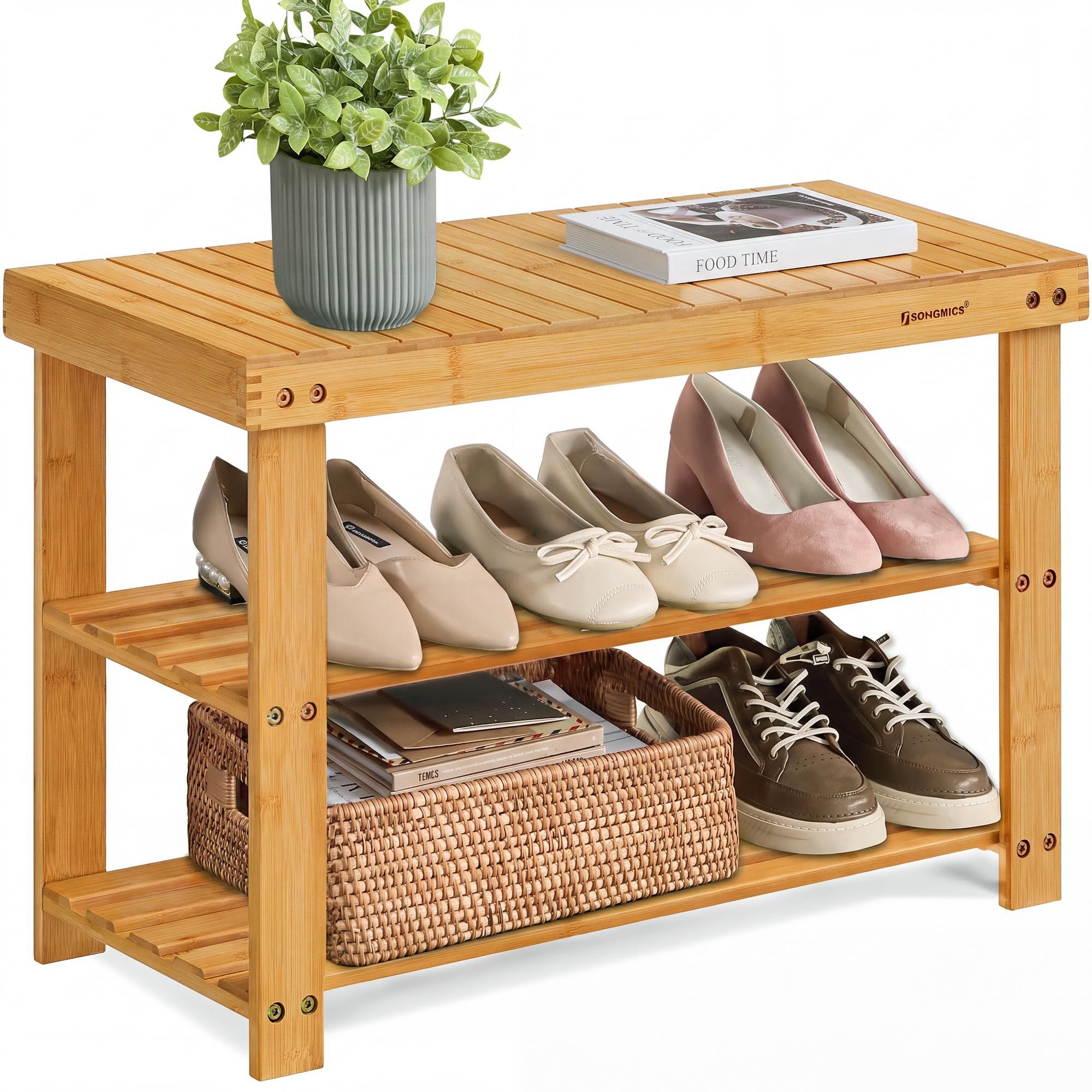 SONGMICS Schuhbank aus Bambus, Naturbeige, 70,1 x 28,7 x 45,3 cm | Schuhregal, Sitzbank, Sitzfläche bis 130 kg belastbar, für Flur, Wohnzimmer, Leichter Bambus, BAMBOU Kollektion LBS04N
