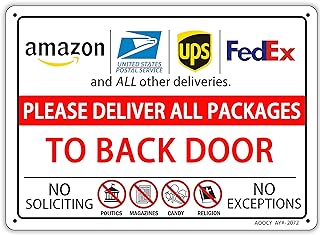 Please Deliver All Packages TO BACK DOOR, Package Delivery Sign - Metal Aluminum Rust Free - 7" x 9.8" Pre-Drilled Holes, Weather Resistant