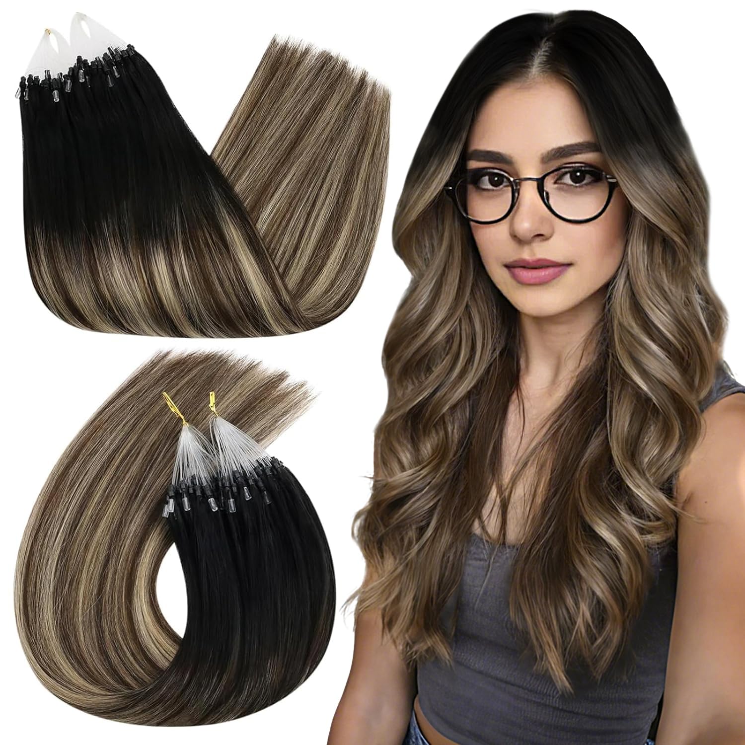 Ugeat Micro Loop Hair Extensions 20 Inch Natural Black Balayage Micro Ring Hair Extensions Real Human Hair Dark Brown Mix Caramel Brown Balayage 50G/50S #1B/4/27