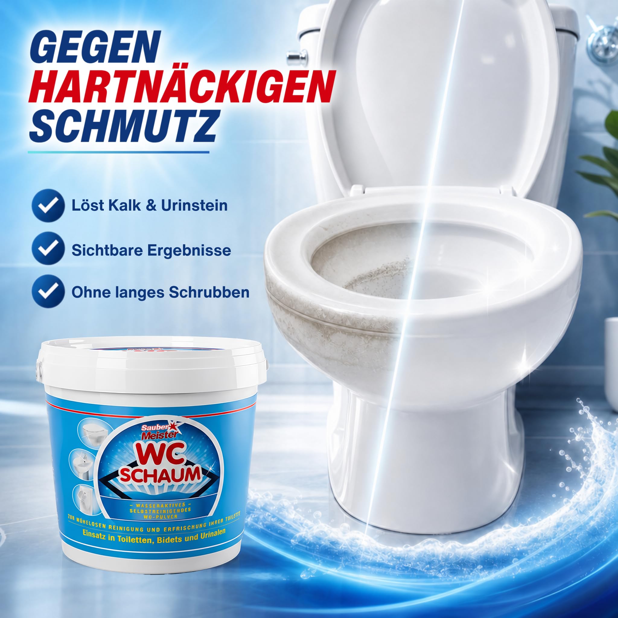 WC SCHAUMREINIGER PULVER – Extra starker WC Schaum für gründliche Sauberkeit – Kraftvoller WC-Reiniger gegen Kalk & Urinstein – Selbstreinigende Pulverform – 1000 g