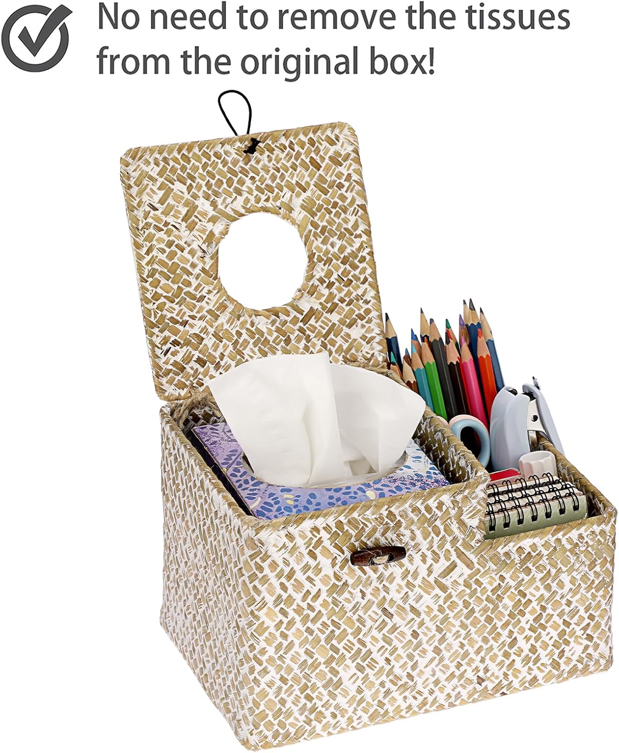 Sumnacon Tissue Box Cover Square Tissue Box Woven Seagrass Tissue Box Holder with Side Organizer, Rustic Tissue Holder for Living Room Bathroom Bedroom Kitchen Office Table Desk, White image 5