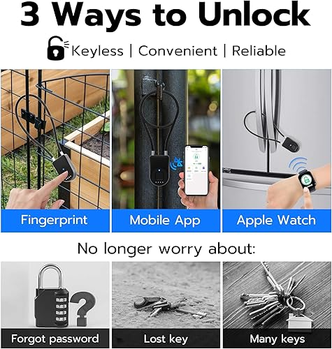 Miniatura 2 de Anweller Candado de cable de huellas dactilares, grillete pequeño de 14 pulgadas de largo, entrada sin llave, biométrico, Bluetooth, bloqueo de