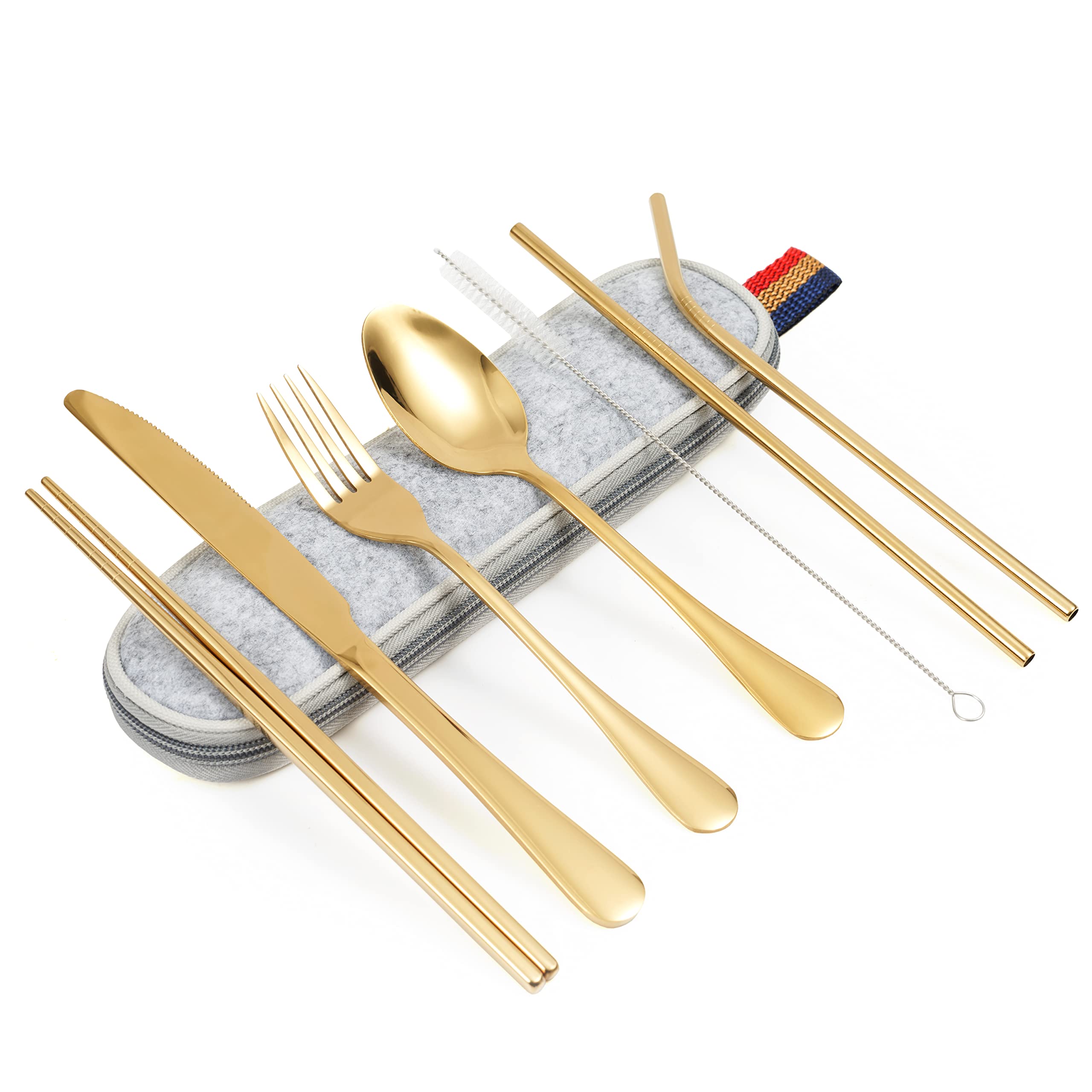Travel Cutlery Set, 8 Piece Travel, Picnic Tableware for 1 Person, Dishwasher Safe, Includes Knife, Fork, Spoon, Utensil, Cleaning Brush, Straw with Carry Bag, Light Resistant (Gold)