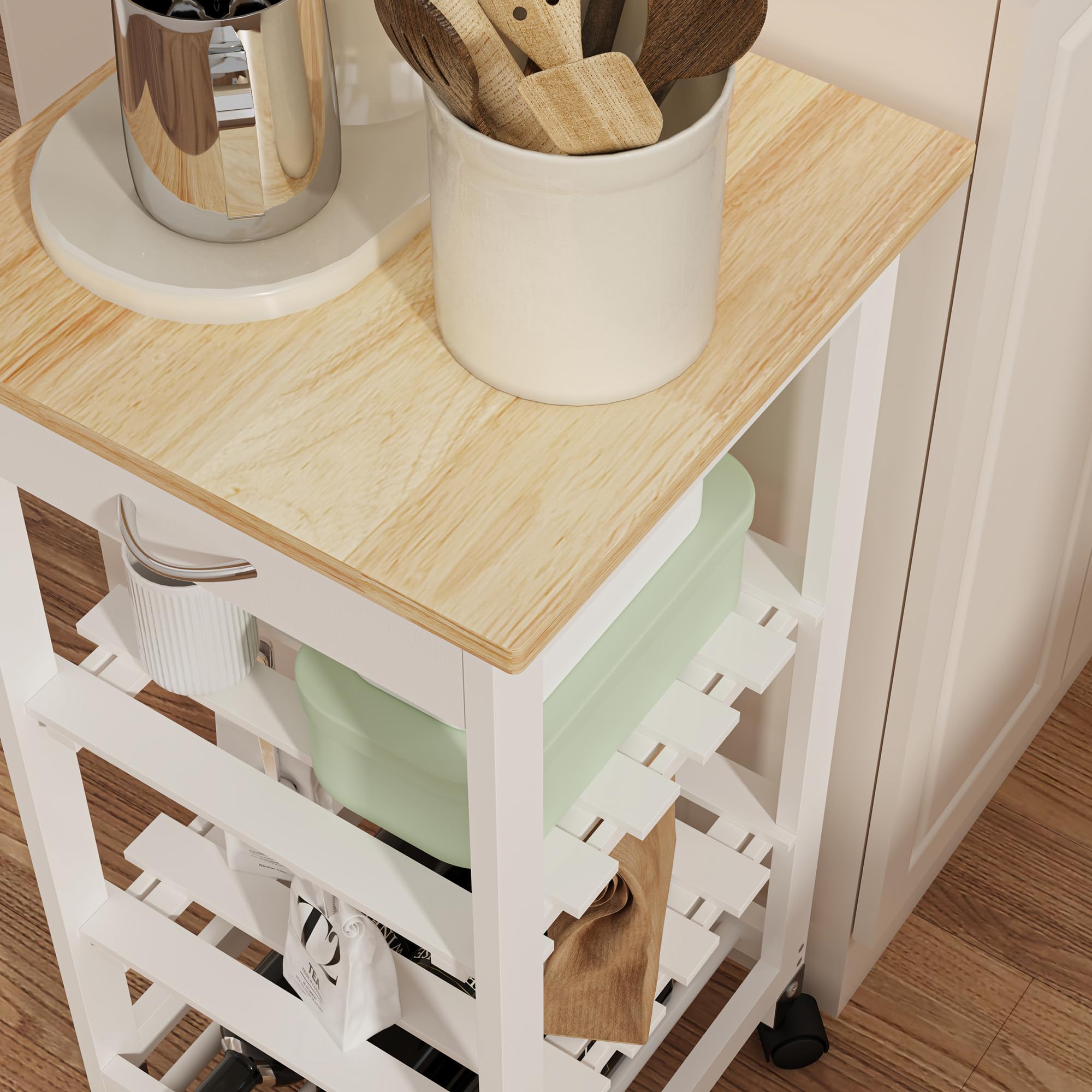 [en.casa] Carrello da Servizio Portaoggetti a Rotelle con 3 Ripiani e Cassetto Carrello Portatutto Multiuso Griglia Portabottiglie per Cucina Sala Bagno 76x37x37 cm - Bianco/Effetto Legno