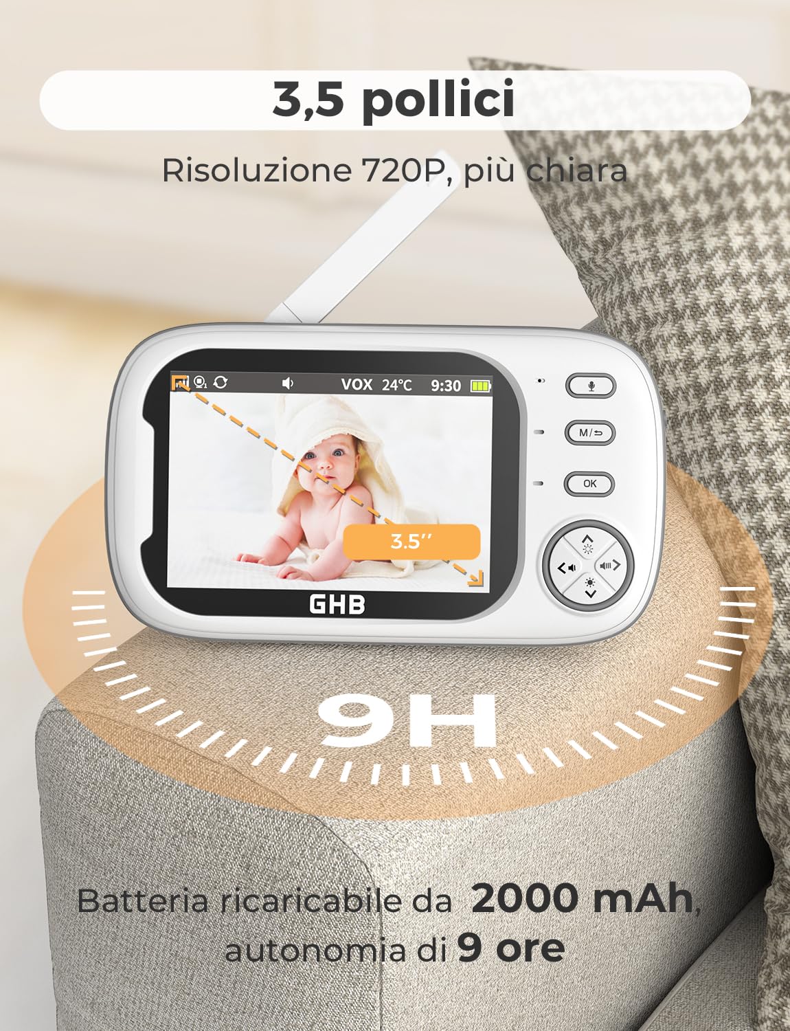 GHB Baby Monitor 3.5'' 720HD Kamera z Audio, 2000mAh, Komunikacja Dwukierunkowa, VOX, Nocne Widzenie, Monitorowanie Temperatury