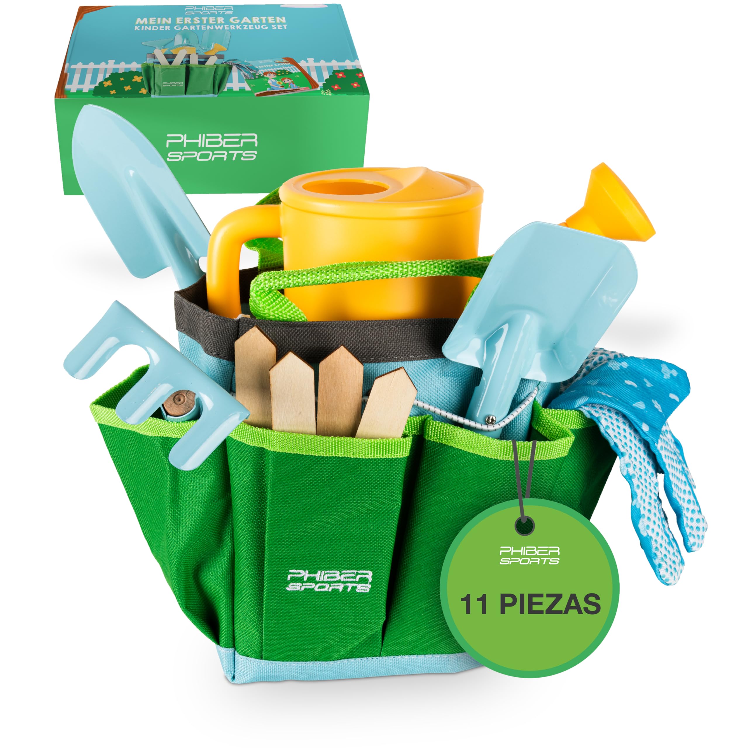PHIBER-SPORTS Juego de Herramientas de jardín para niños (11 Piezas) - Herramientas de jardinería para niños a Partir de 3 años - Herramientas de Metal, regadera, Guantes de jardín, Bolsa