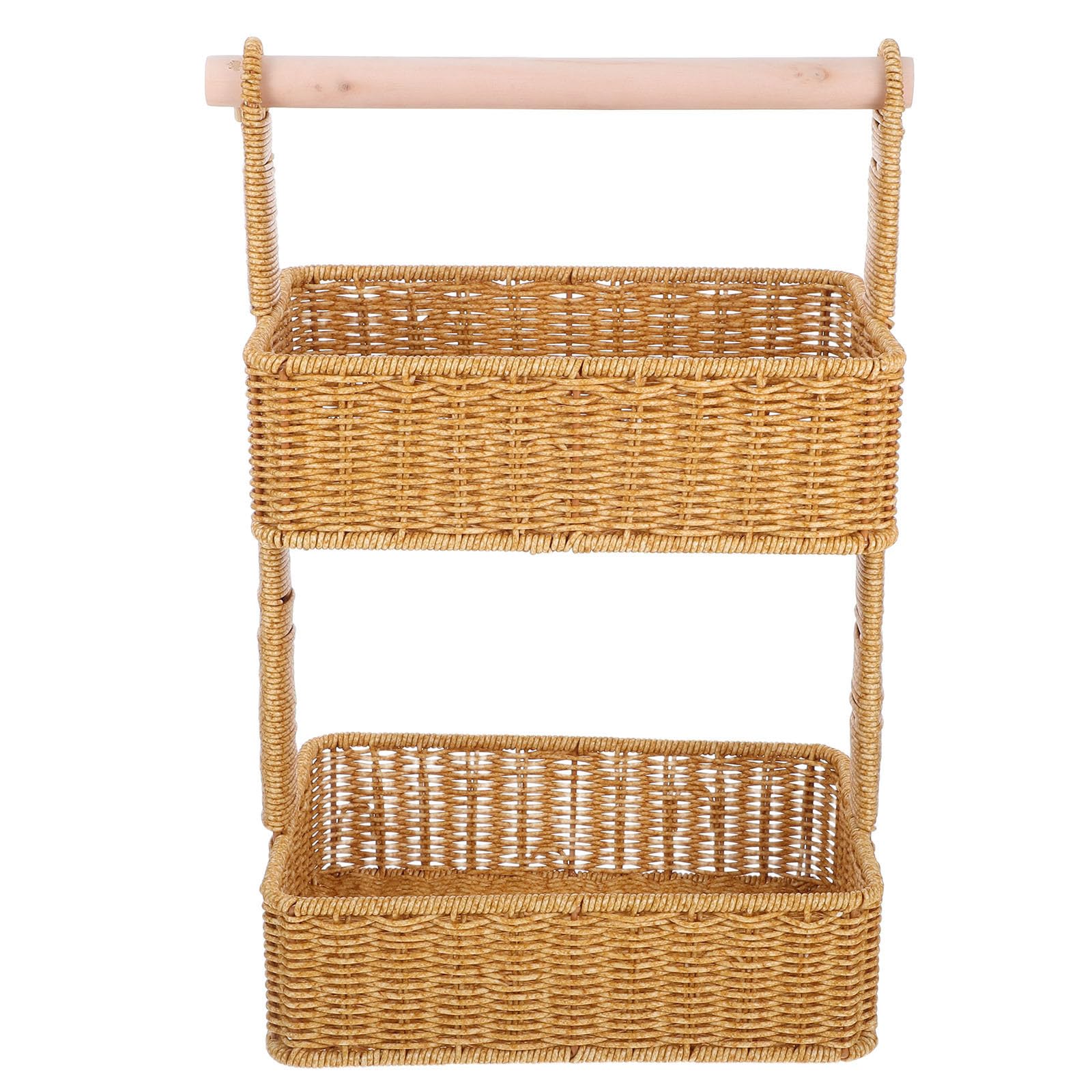 COHEALI Panier de Rangement Suspendu Tissé Main, Panier Décoratif à 2 Niveaux, Marron, Fer Bois Plastique, pour Snacks, Salle de Bain et Chambre