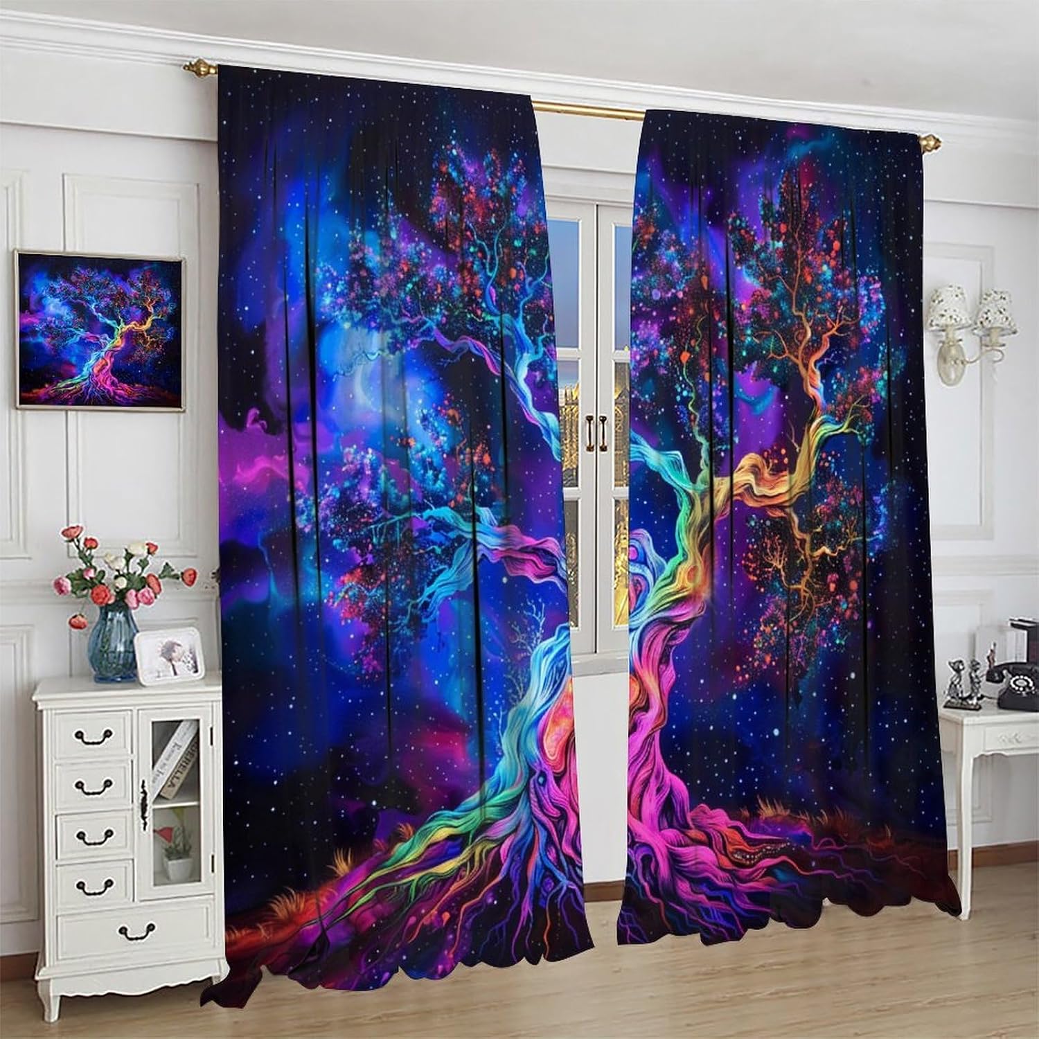 Fantasy Tree of Life Blackout Curtains for Bedroom Living Room, Neon Starry Sky Star Galaxy Curtains Rod Pocket Thermal Insulated Window Drapes, 2 Panels/Each 21" W x 45" L