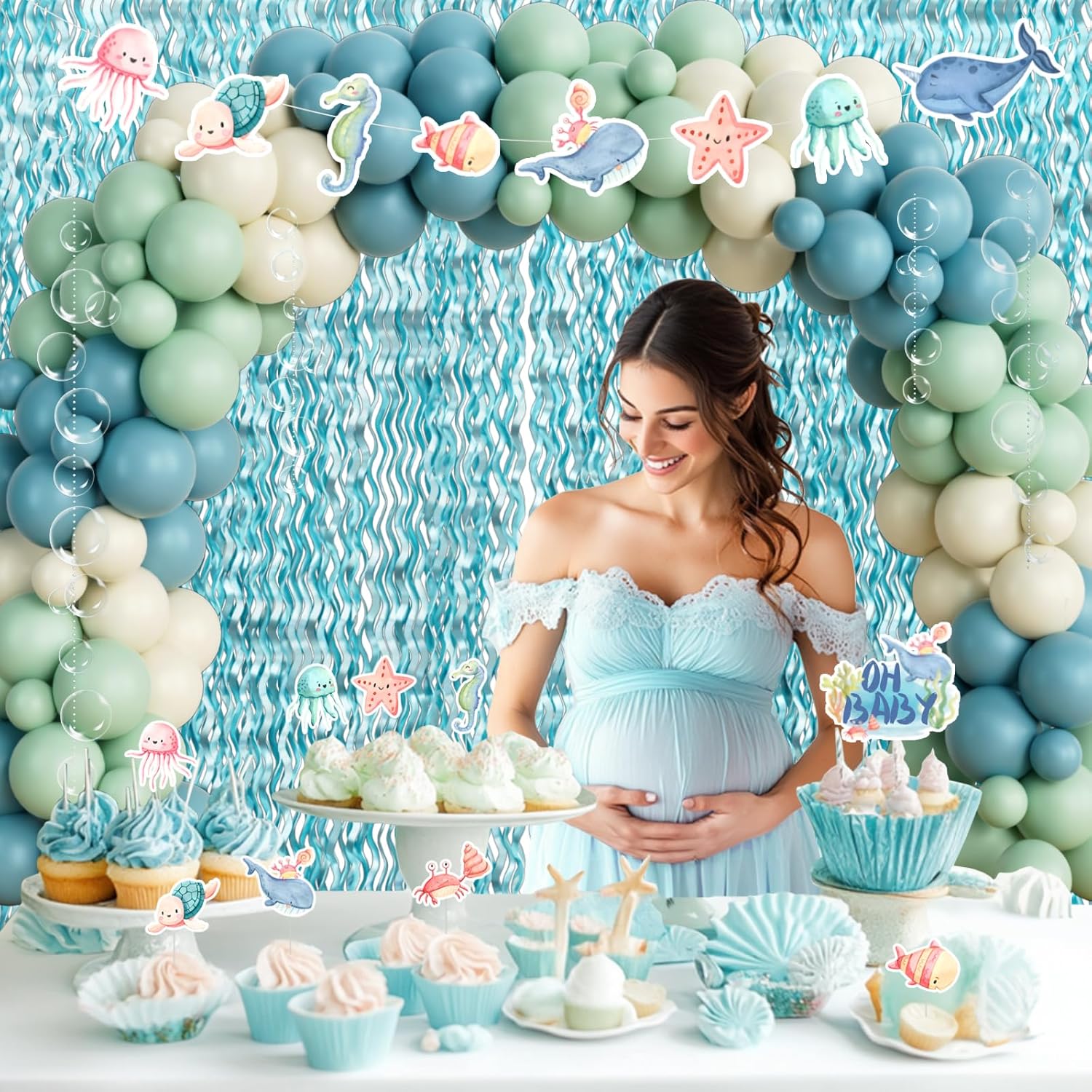 Under The Sea Baby Shower Decorations – 121Pcs Ocean Theme Party Supplies with Underwater Party Decor Backdrop, Blue Green Balloon Garland, Banner, Fringe Curtain, Boxes