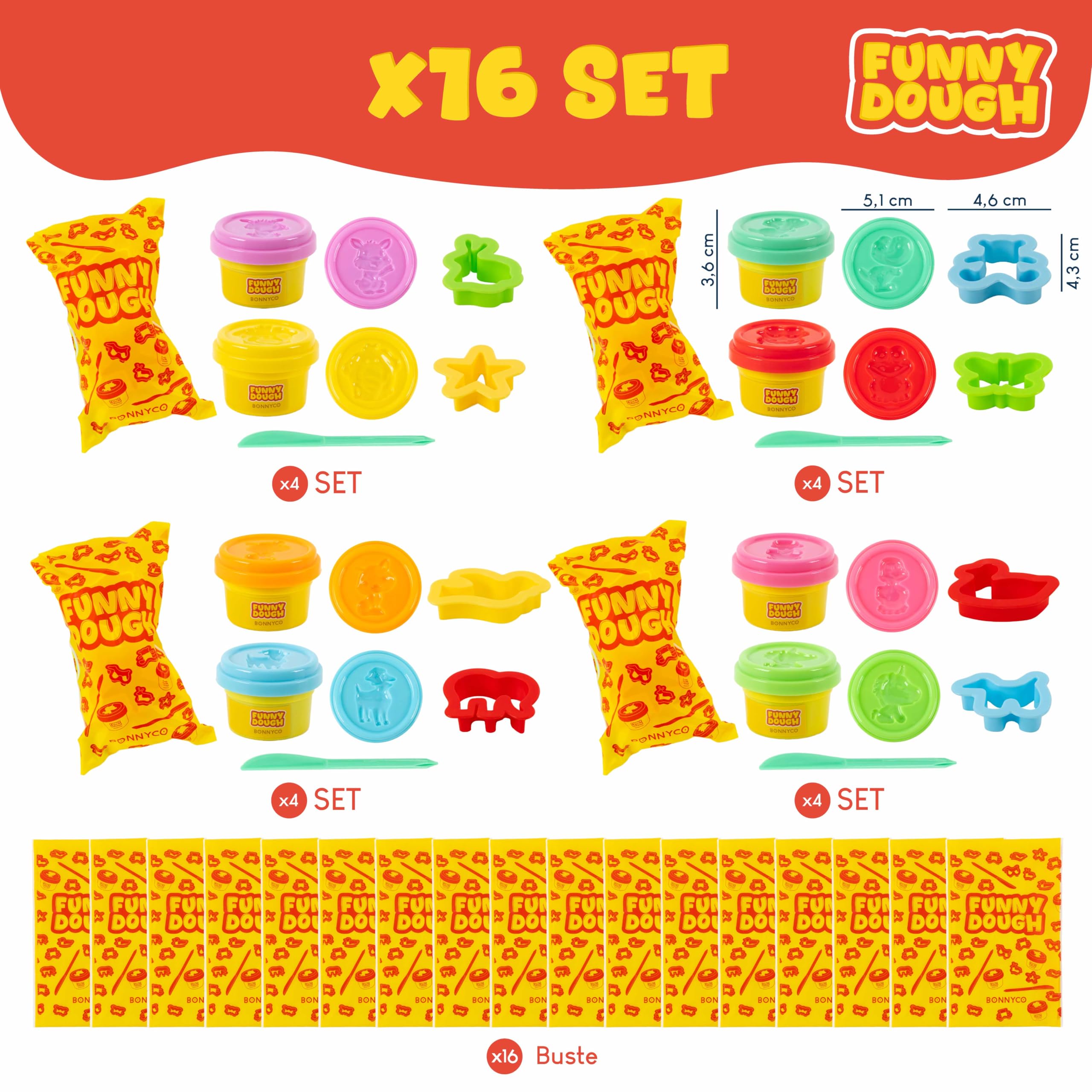 BONNYCO Set Plastilina per Bambini con Stampini e Sacchettini Regalo, Pack 16 Regalini Fine Festa Compleanno 3-9 Anni. Gadget Compleanno Bambini, Giochi Creativi da Pasta Modellabile