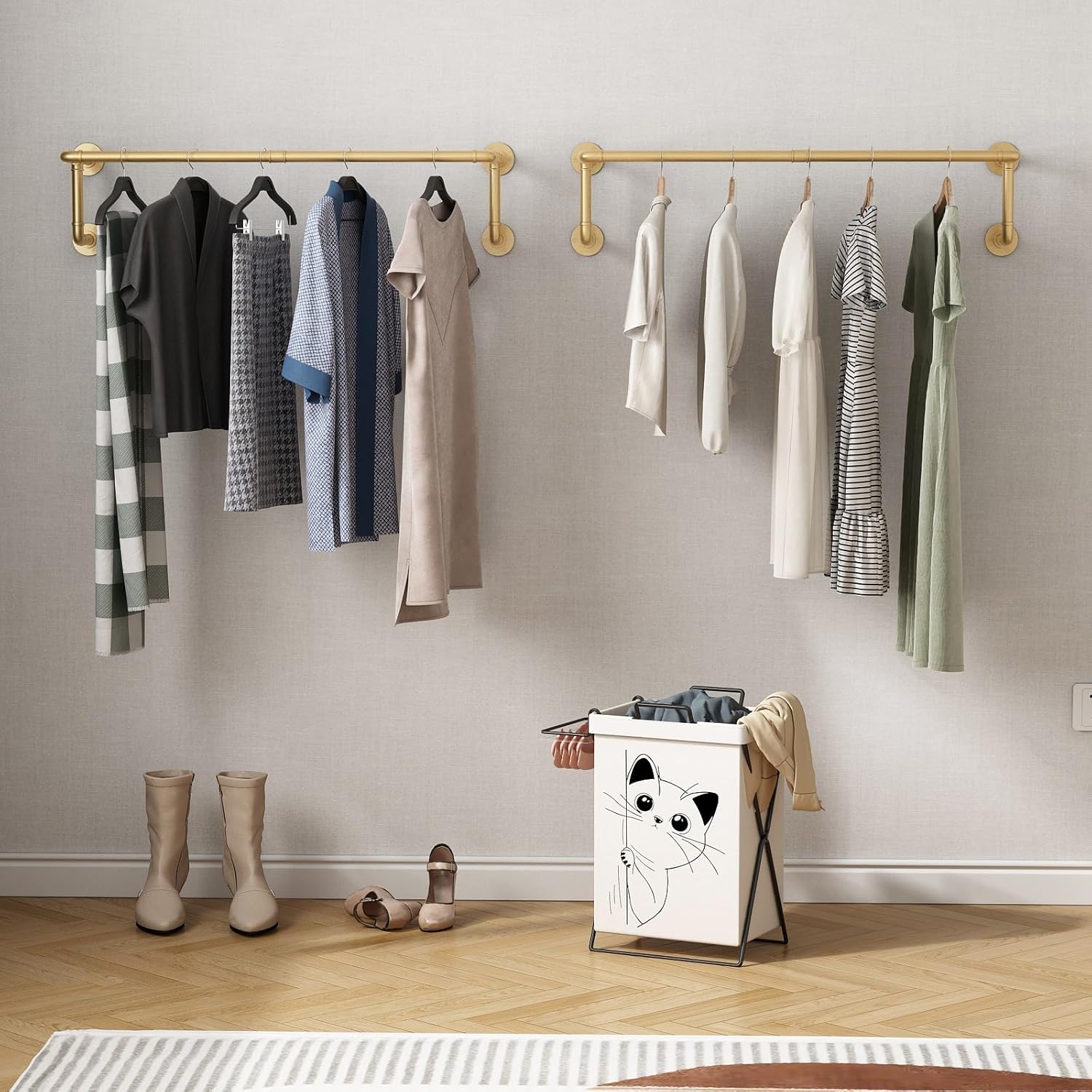 Industrial Pipe Clothing Racks 2 Pack, 36.2In Wall Mounted Clothes Rack, Gold Wall Clothing Racks for Hanging Clothes, Space Saving Closet Hanging Rod for Laundry Room, Bedroom