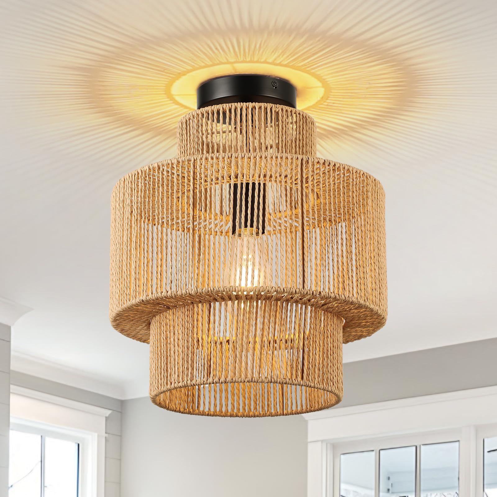 FORCOSO Deckenleuchte Rattan, Boho Deckenlampe mit 3 Lagen Natürlicher Rattan Lampenschirm, E27 Vintage Kronleuchter, Rustikal Braun Boho Lampe Decke Für Wohnzimmer Schlafzimmer Esszimmer Küche Flur