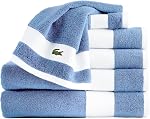Ensemble de serviettes de luxe Lacoste Sport rayées 6 pièces – Fabriqué en 100 % coton Supima doux, absorbant et à séchage rapide, comprend 2 serviettes de bain, 2 serviettes à main, 2 gants de toilette, bleu surf