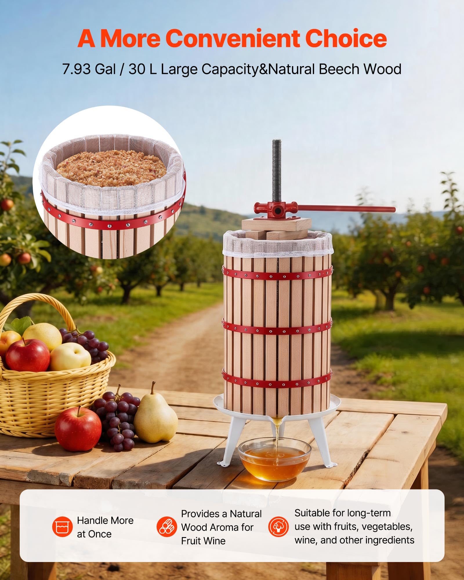 VEVOR Pressa Manuale Premitutto per Vino, Torchietto Manuale in Legno 30 Litri per Succhi Frutta Mele Uva Arance Verdure, Cestello in Legno Massello di Faggio, Pressa con 2 Sacchetti di Filtro