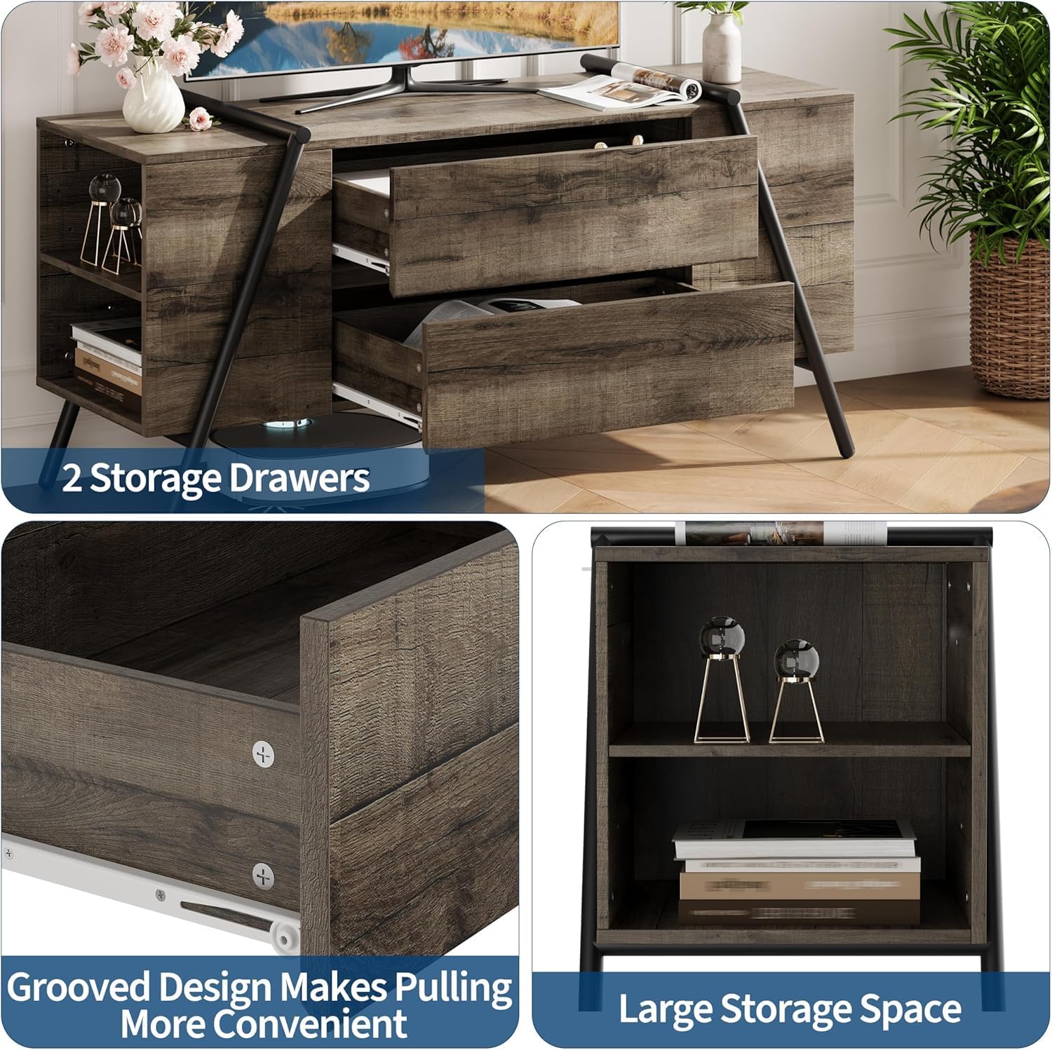 47" Modern TV Stand for Living Room, Wood Entertainment Center with 2 Drawers, Side Open Shelves & U-Shaped Metal Base, Fits TVs up to 65 inches, Ideal for Bedroom, Apartment, Oak - Image 7