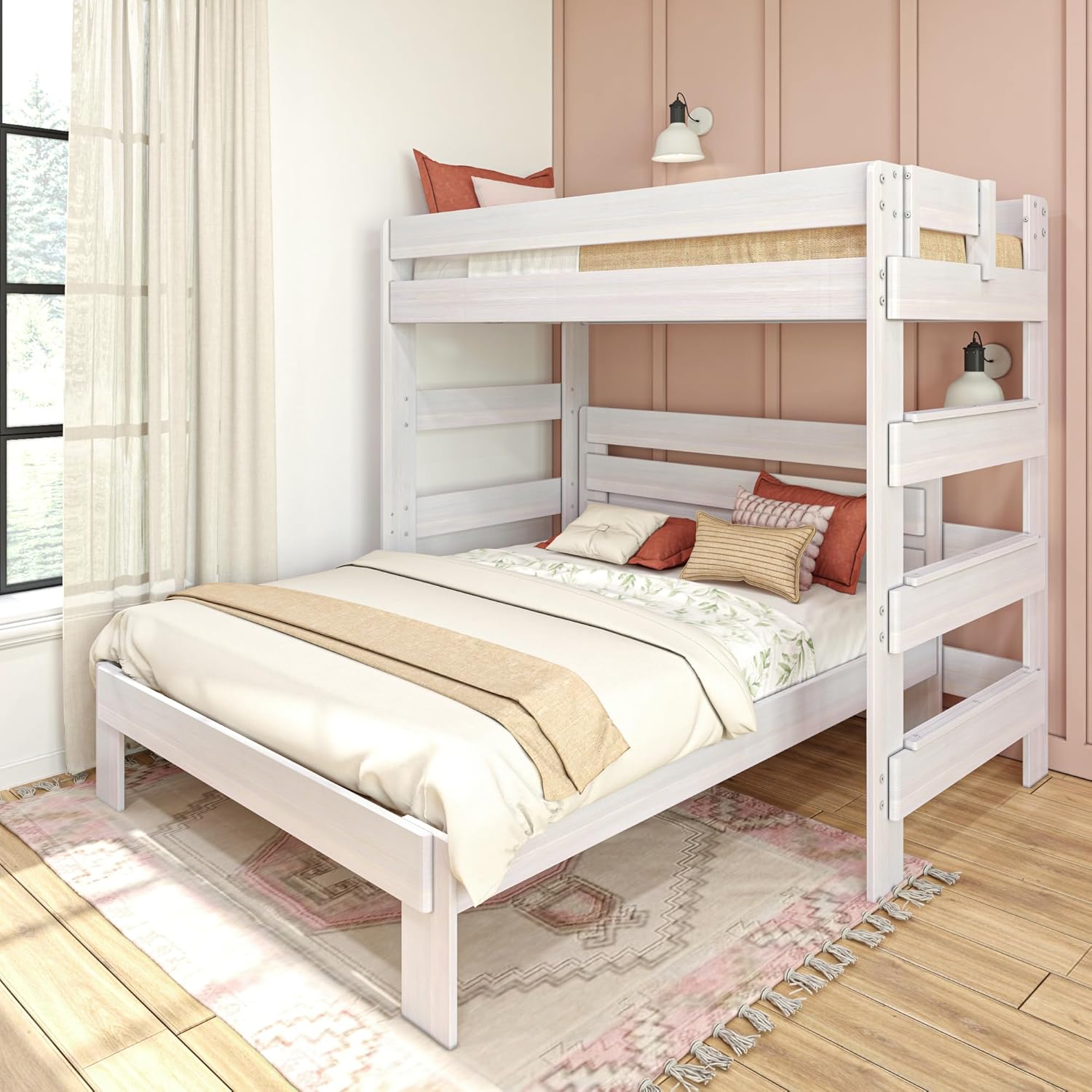 Max & Lily Modern Farmhouse Bunk Bed, L Shape Twin-Over-Queen Bed Frame For Kids, White Wash