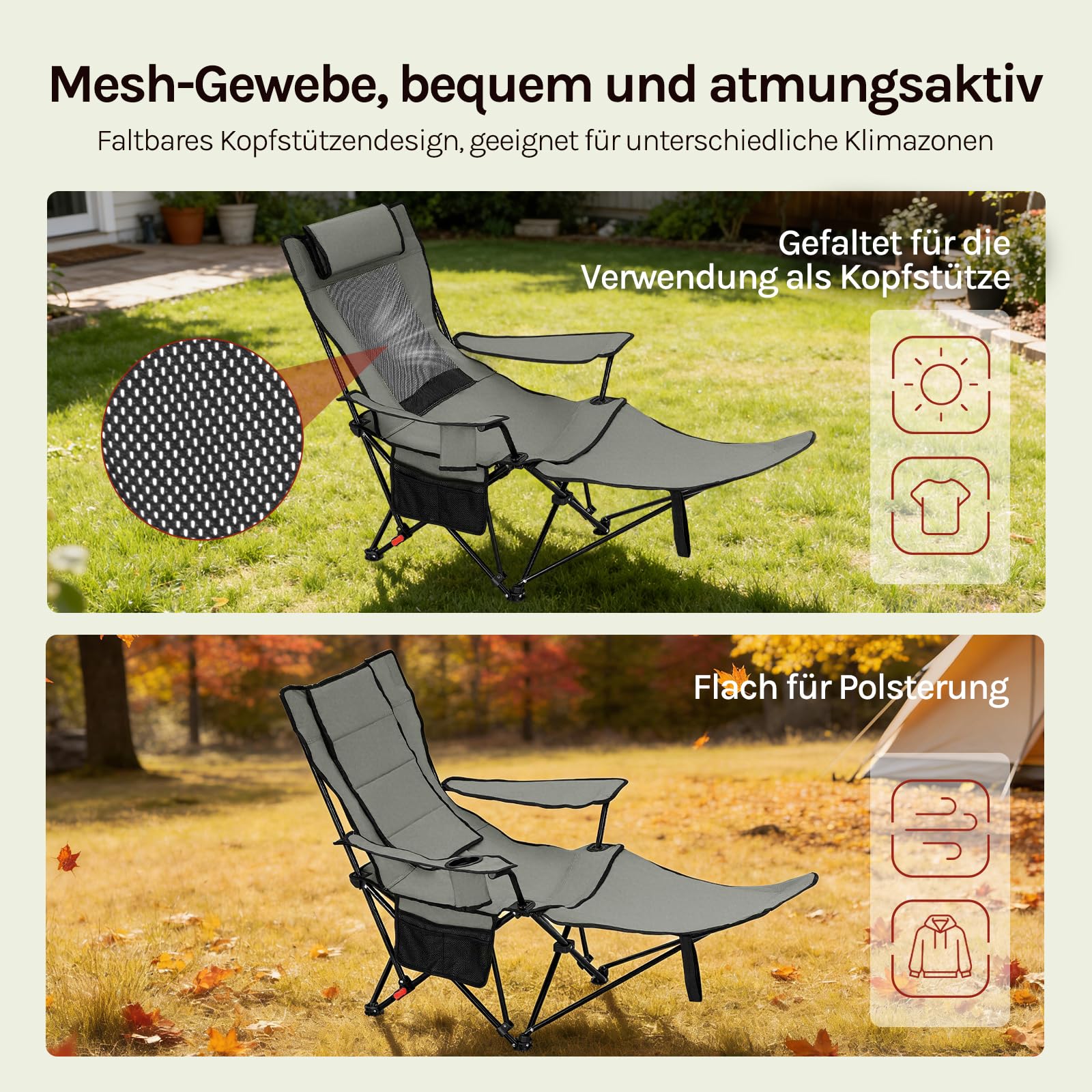 WOLTU Campingstuhl Faltbar 2er Set mit Fußablage, 3 Positionen Verstellbar, mit Getränkehalter Seitentasche, bis 150 kg belastbar, für Camping Angeln Picknicks Strand,Grau