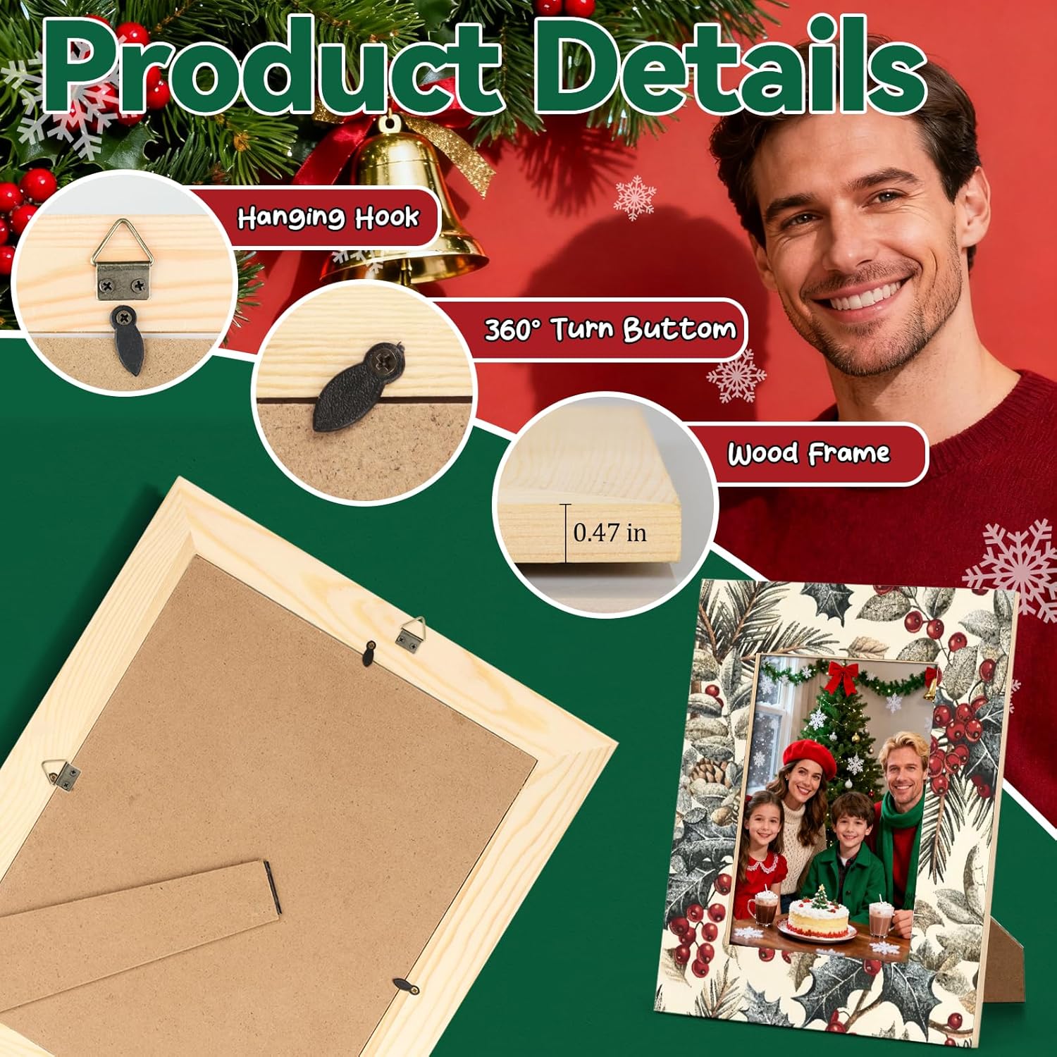 Holly and Berry Christmas Picture Frame 5x7 Christmas Photo Frame Fits 5 by 7 Inch Wall and Tabletop Display for Home Decor