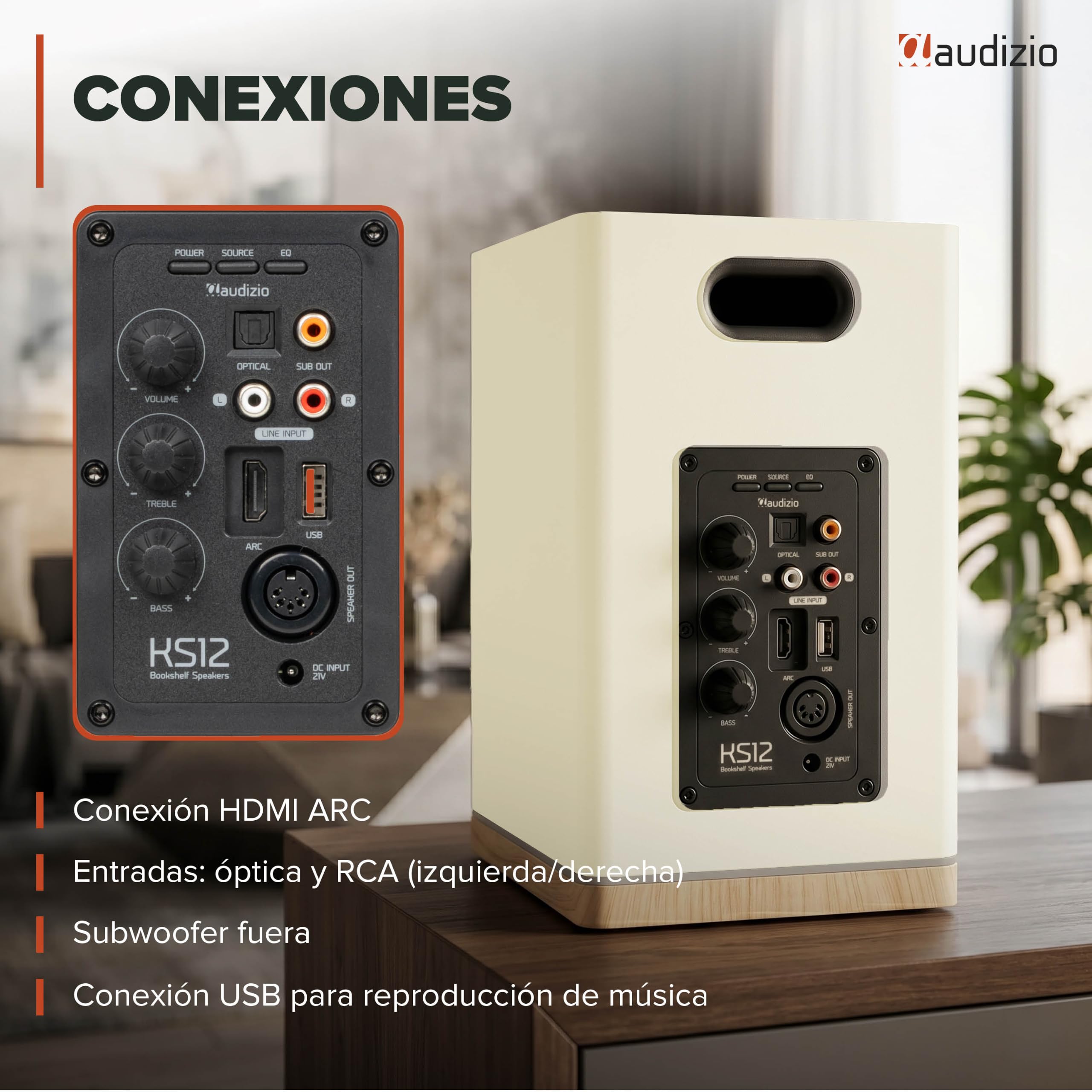 Audizio KS12 Altavoces HiFi Activos 80W HDMI ARC, Color Crema | Altavoces activos con HDMI ARC, Bluetooth 5.3, salida para subwoofer y acabado crema