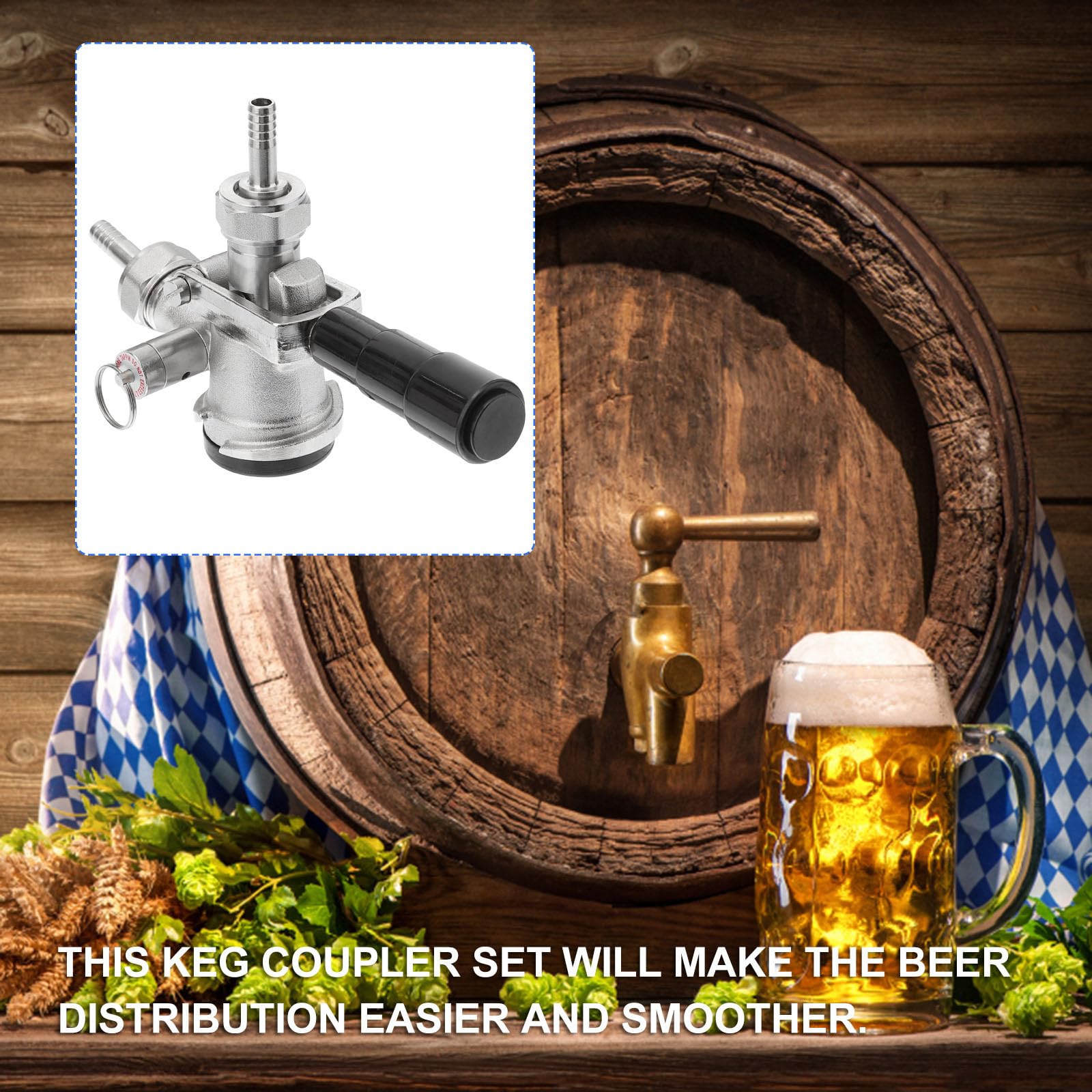 Edelstahl Bierfass Kupplung D typ mit Überdruckventil und Silikon Rückschlagventilen Ergonomischer Zapfhahnverteiler für Oktoberfest Feier und Bierzapfanlage Zubehör