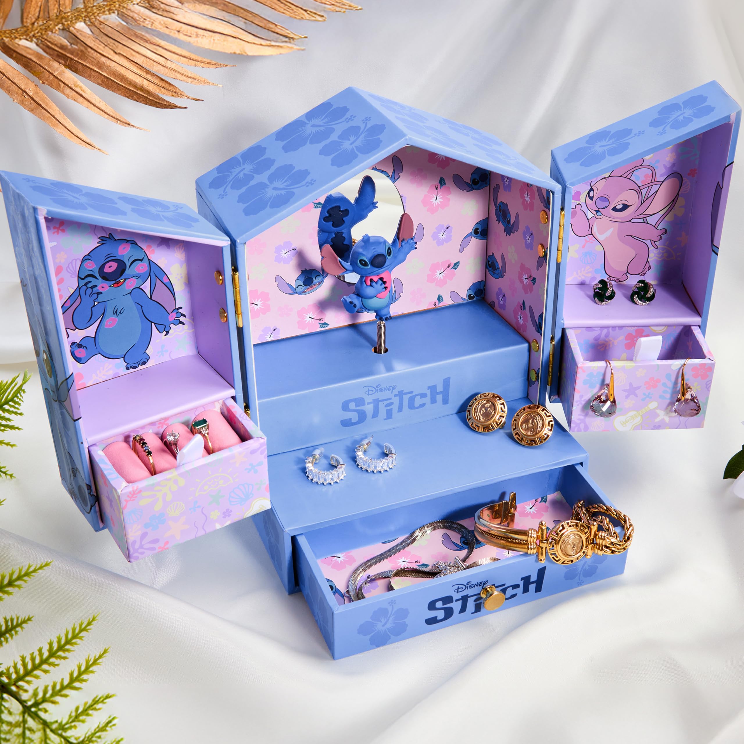 Disney Stitch Joyero Musical Niña Caja Decorativa con Espejo y Cajones Azul