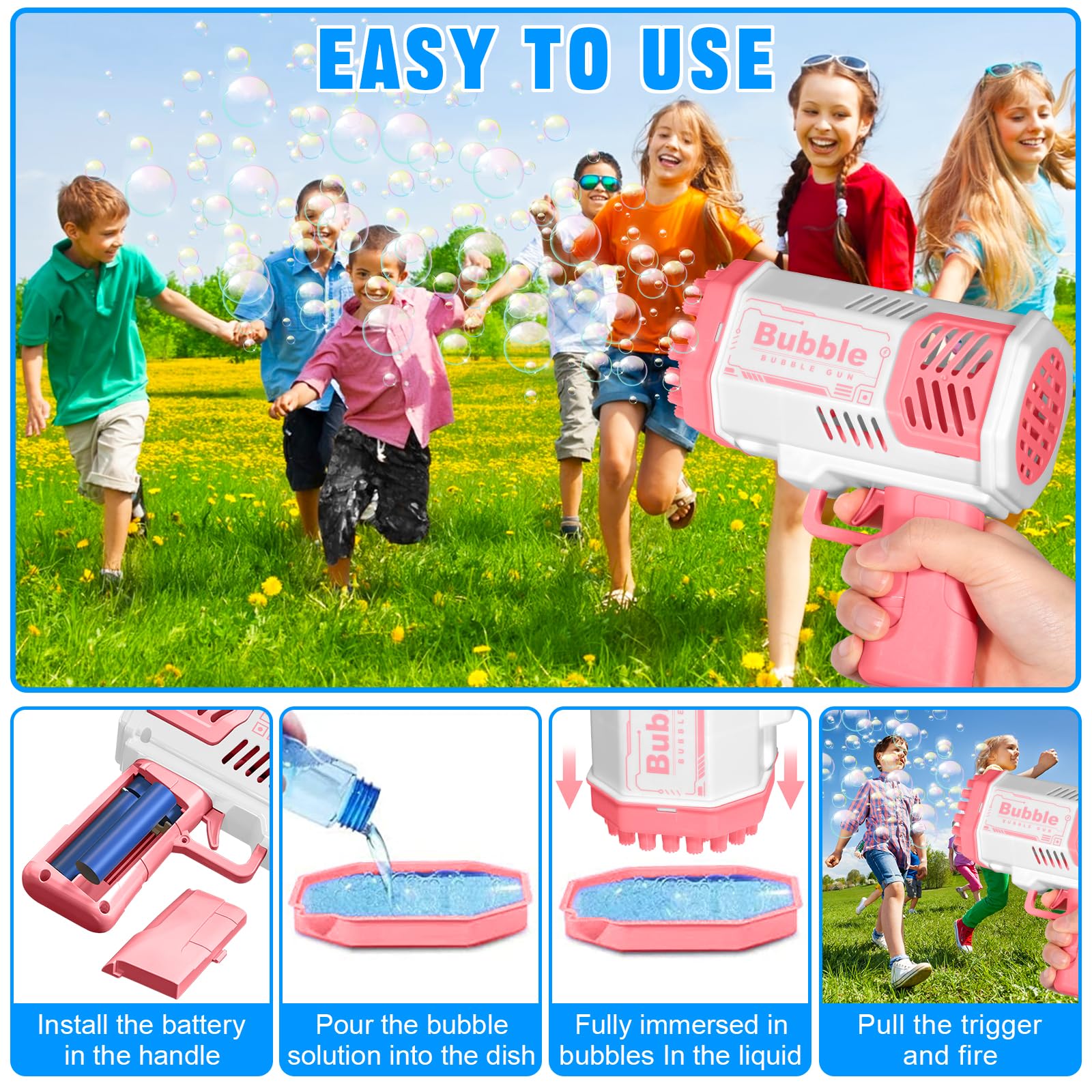 Pistola de Burbujas para Niños, Automática Máquina de Burbujas de Jabón 10000+ Pompas/Min, Máquina Automática de Burbujas Silencioso con Luces para Fiestas Verano Al Aire Libre Regalo Boda