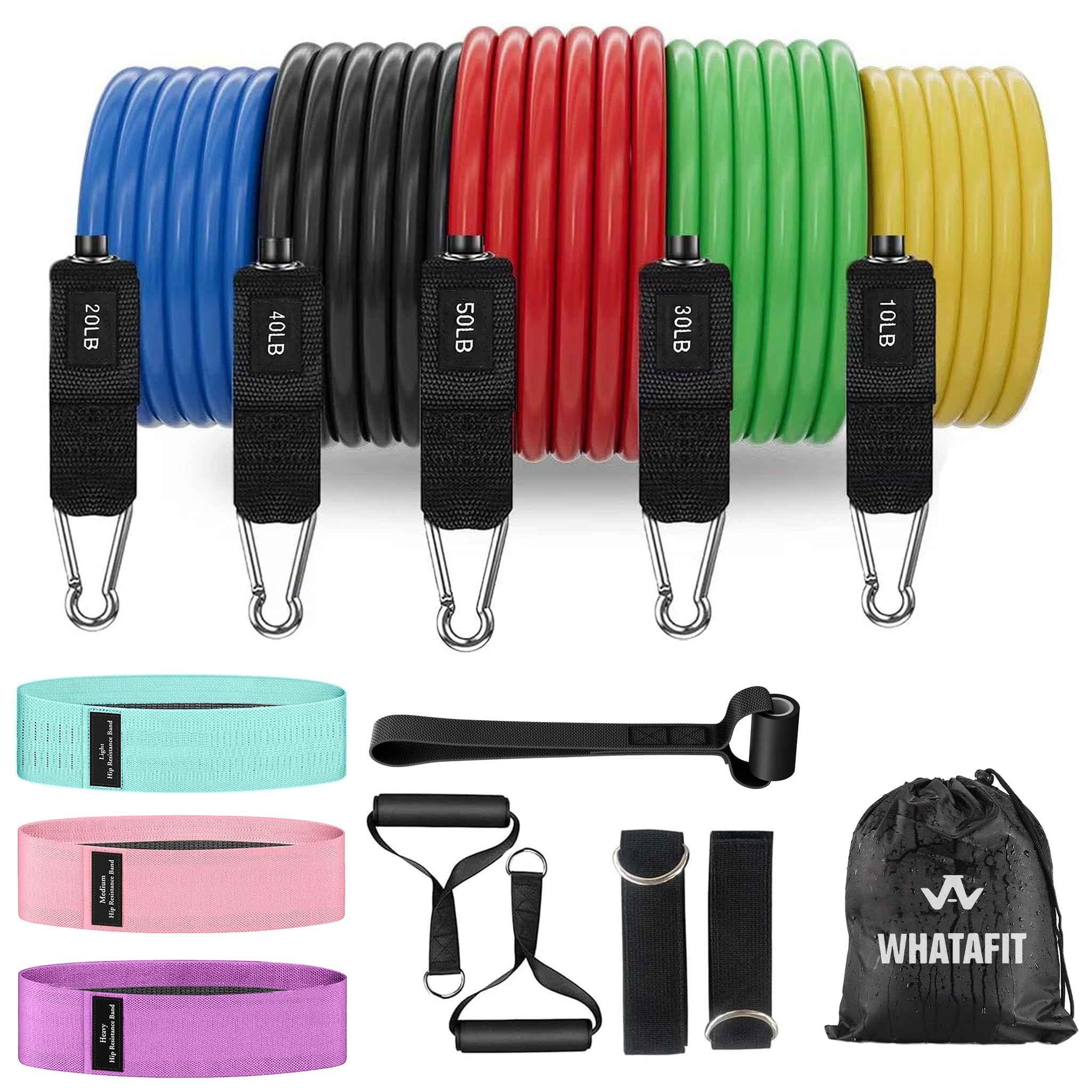 Whatafit Widerstandsbänder Set, Übungsbänder mit Türanker, Griffen, Tragetasche, Beine Knöchelriemen für Widerstandstraining, Physiotherapie, Heimtraining für Männer und Frauen
