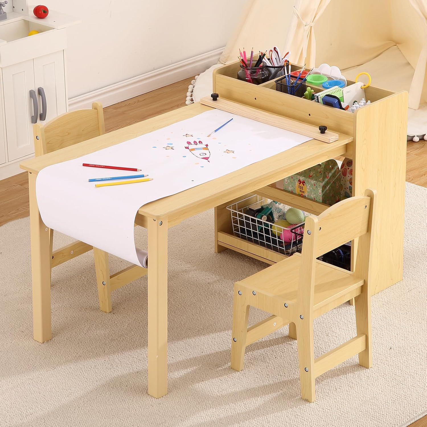 Kids Art Table with 2 Chairs, Toddler Craft Desk with Large Shelves Storage for Drawing & Writing, Activity Craft Table, with Paper Roller Wooden Furniture for Ages 2-10