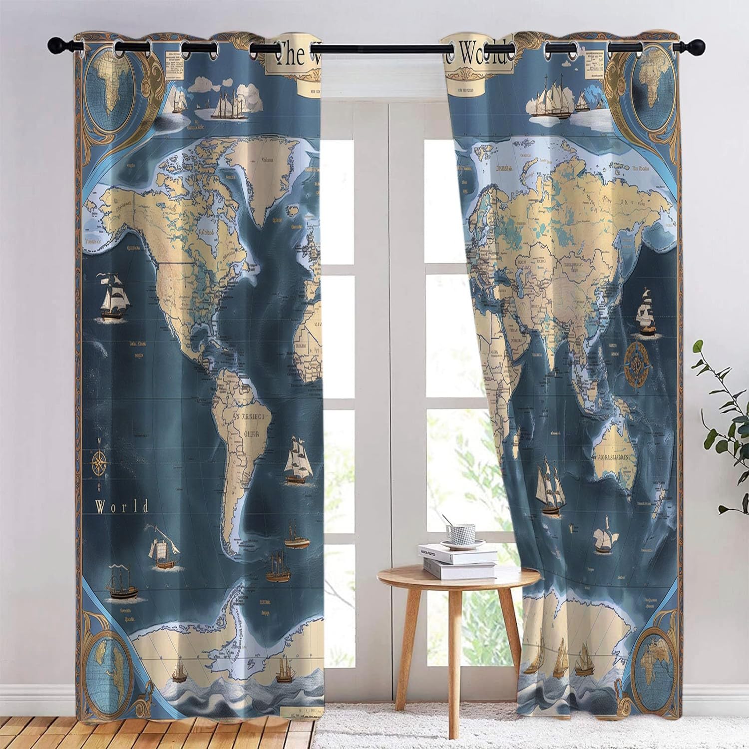 CozyRest Gardinen Kinderzimmer Schlafzimmer 214 x 91.5 cm (H x B) Thermovorhang Verdunkelungsvorhang Segelnder Ozean Jungen Vorhänge Weltkarte Blickdicht Ösenvorhang 2Er Set