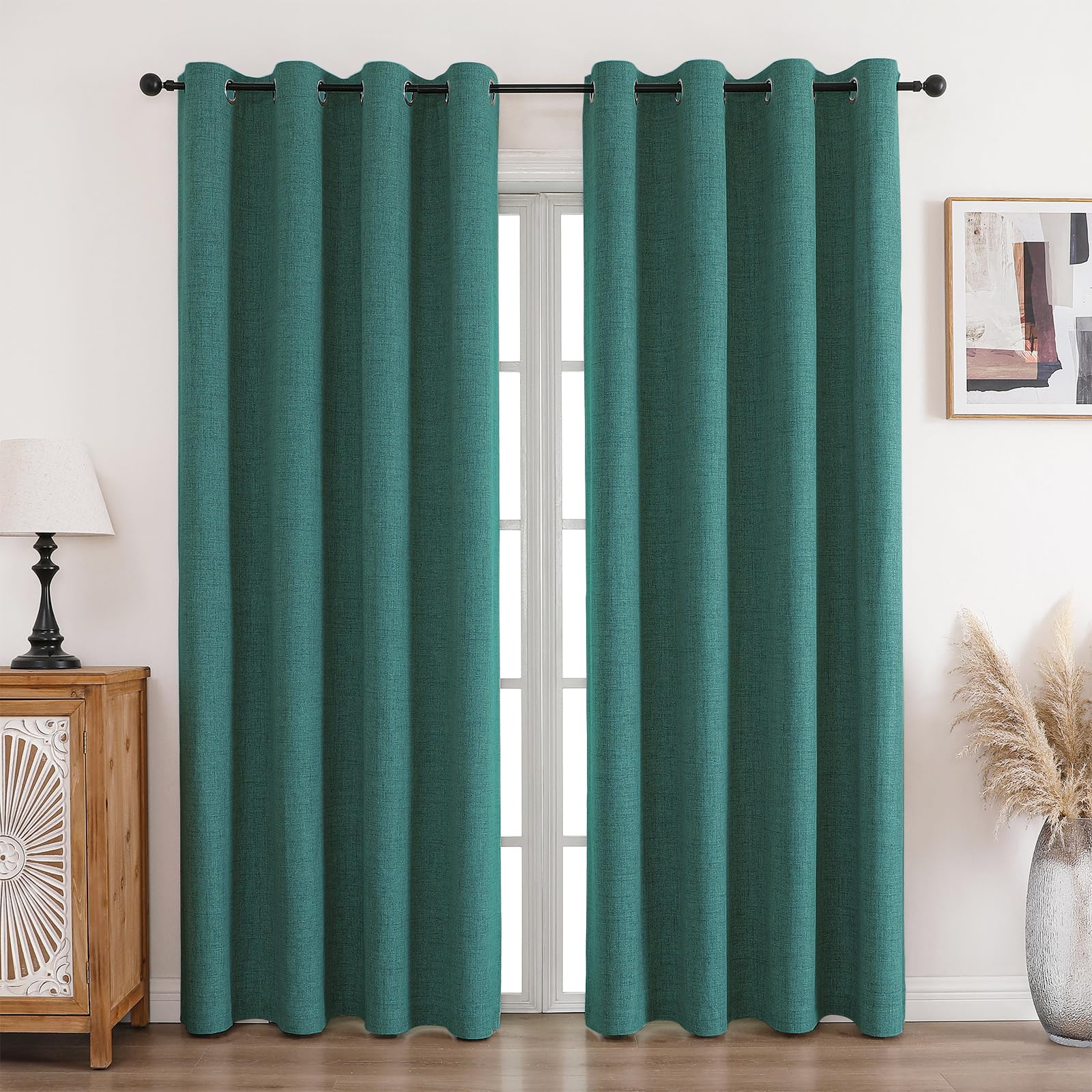 CUCRAF 100% Blackout Curtains Dark Green 114 Inch Drop 2 Panels Soft Texture Energy Saving Sun Blocking Thermal Eyelet Curtains for Bedroom Living Room 66 X 114 Inch