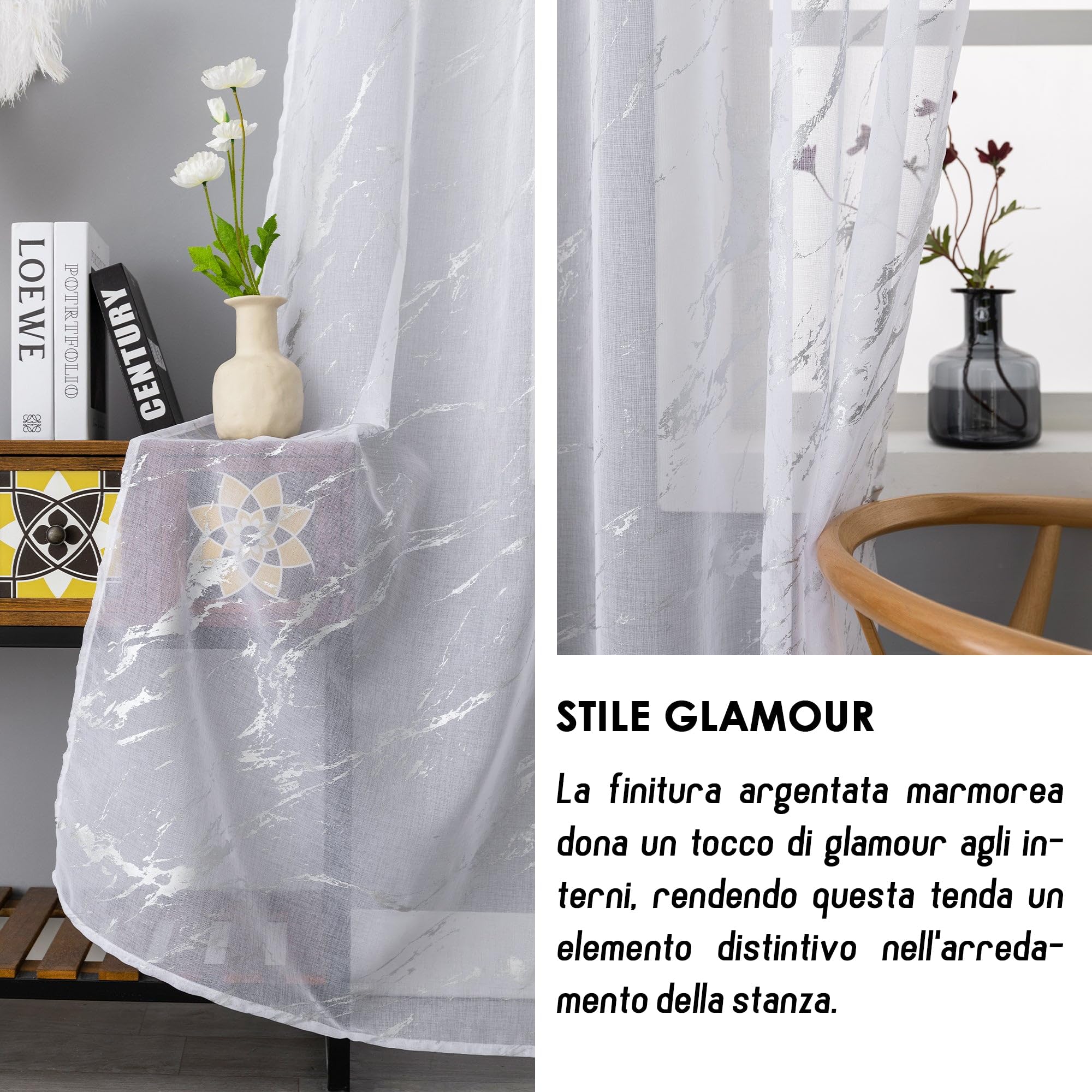GIRASOLE HOME Coppia Tende Favignana Filtranti Fantasia Argentata Effetto Marmo 2 Pannelli da 140x150cm con Occhielli, Bianco
