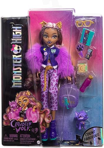 Miniatura 6 de Monster High Muñeca Lobo Clawdeen con media luna de perro y accesorios como mochila, planificador, aperitivos y más