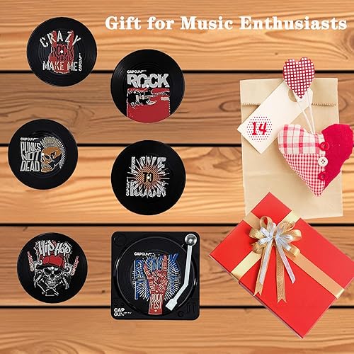 Miniatura 2 de Divertidos posavasos retro para discos de vinilo, juego de 6 posavasos creativos con soporte para tocadiscos de vinilo para amantes de la música,