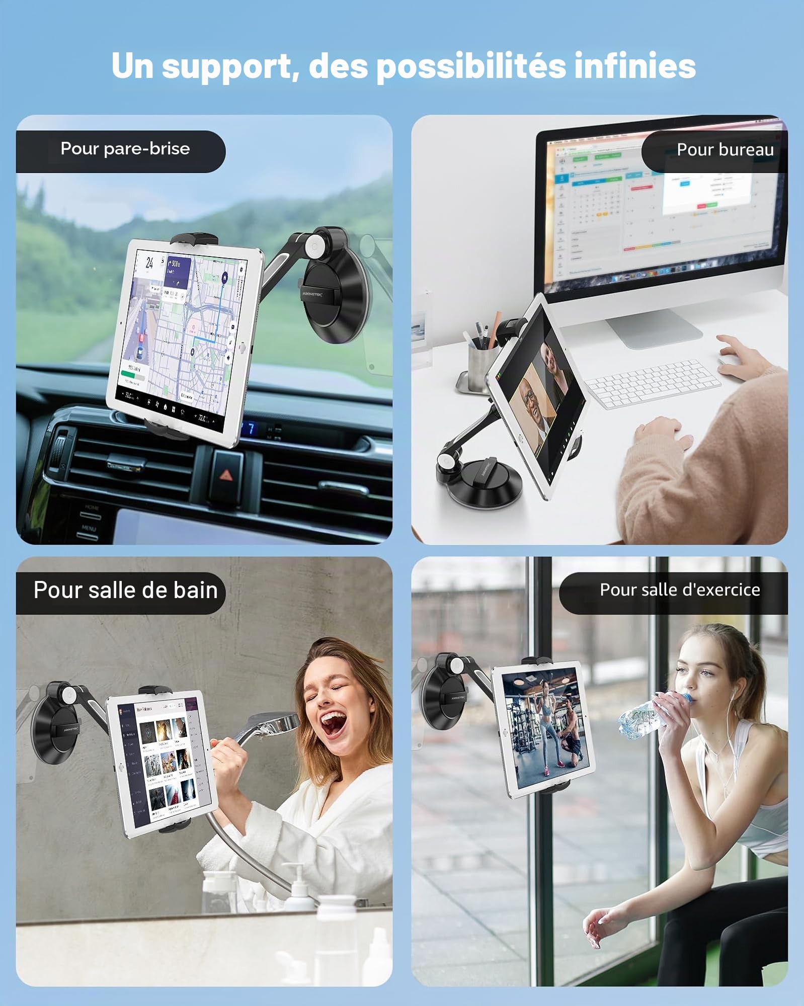 AboveTEK Support à ventouse pour iPad, téléphone et tablette avec ventouse pour tablette/téléphone/iPad mini/Air de 10,2 à 27,9 cm, pour fenêtre, salle de bain, miroir, pour voiture, camion